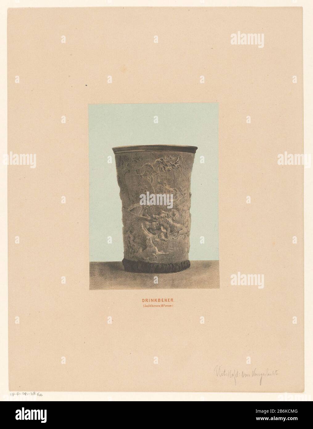 Jagdgoblet Kroes, 18. Jahrhundert (Titelobjekt) Der Becher ist eine Entlastungs-Szene eines Jägers mit seinem Hund und einem Bier. Hersteller : Druckmaschine: Anonymer Herausgeber: AC Kruseman Datum: 1857 - 1864 Physikalische Eigenschaften: Farblithographenmaterial: Papiertechnik: Farblithograph (Prozess) Abmessungen: Blatt: H 390 mm × W 300 mmToelichtingMiete für: Hofdijk, WJ Us Ancestry, 1859-64. Betrifft: Cuphunt  Säugetiere Stockfoto