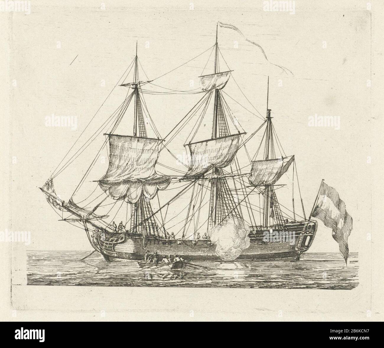 Driemaster mit einem Ruderboot Mehrere Schiffe der Serie C (Serientitel) ein Dreimaster mit Figuren und einer Flagge, die noch segelt. Neben dem Dreimaster ist ein Ruderboot mit Figuren im Wasser, dort wird ein Schuss abgefeuert. Dieser Druck ist Teil einer Serie von zwölf Drucken mit verschiedenen Zeilschepen. Hersteller : Druckmaschine: Gerrit Groeneweg Ort Herstellung: Rotterdam Datum: 1789 Physikalische Eigenschaften: Ätzmaterial: Papiertechnik: Ätzmaße: Plattenkante: H 129 mm × W 153 mm Betreff: Schiffe (allgemein) Artillerie-Bereich, Schießplatz, Schießplatz  militärische Ausbildung (+ Sailin Stockfoto