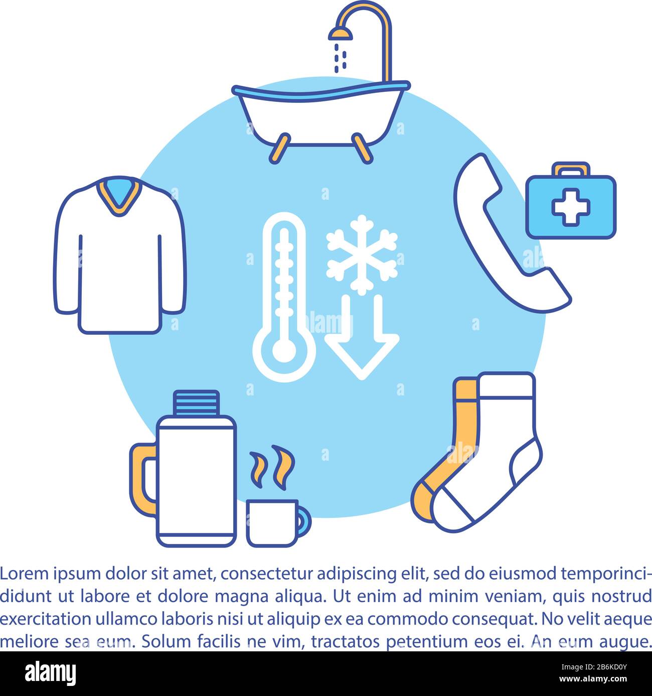 Erfrierungen erster Hilfe und Therapiekonzept Symbol mit Text. PPT-Seitenvektor-Vorlage für Behandlung bei niedrigen Temperaturen. Broschüre, Magazin, Broschürendesign Stock Vektor