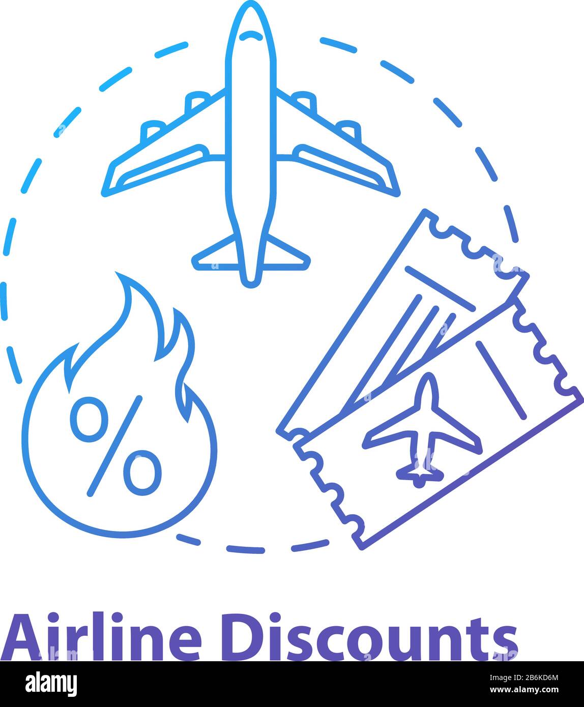 Symbol für das Konzept der Rabatte von Fluggesellschaften. Erschwingliche Reise, Budget Tourismus Idee Thin Line Illustration. Sonderangebot für die Luftverkehrsgesellschaft, Last-Minute-Tickets Stock Vektor