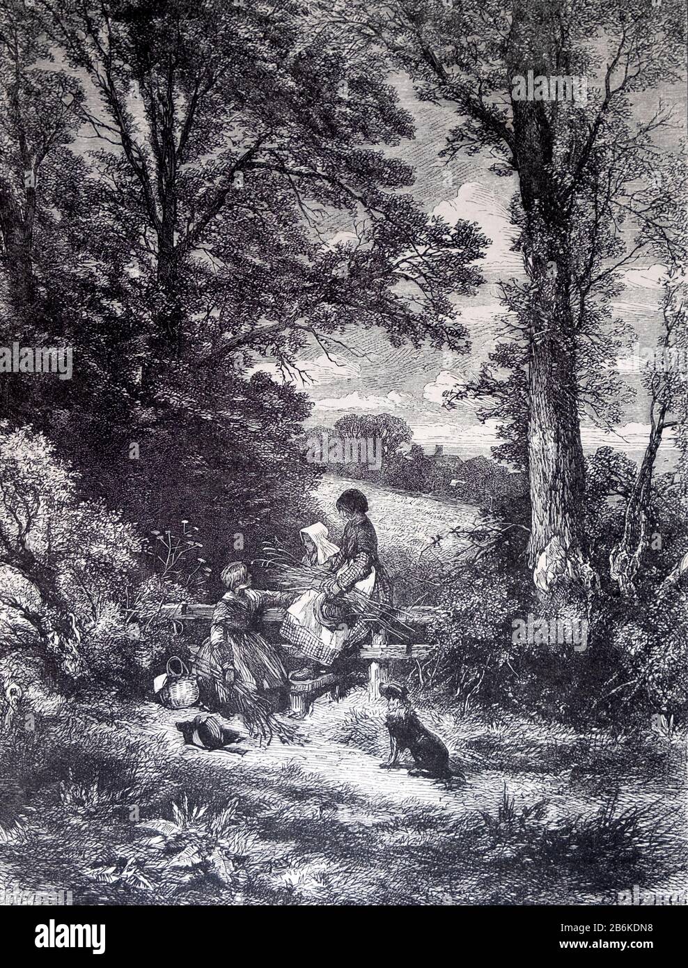 Myles Birket Foster 19THC Gravur "The Gleaners at the Stile" Stockfoto