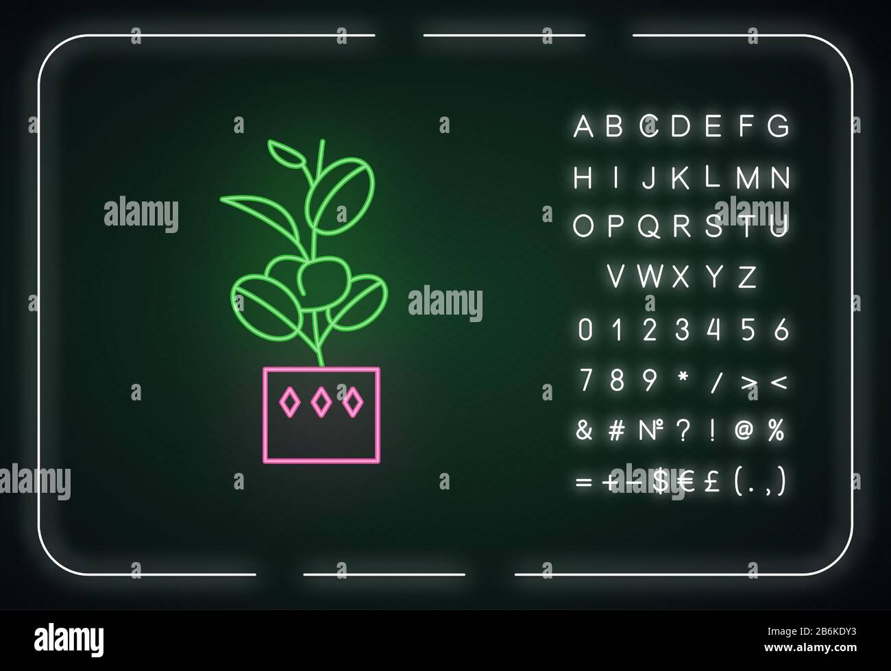 Symbol für die Glimmlampe "Ficus elastica". Gummi-Fig. Indischer Baum. Topfpflanze mit ovalen Blättern. Äußere leuchtende Wirkung. Zeichen mit Alphabet, Zahlen und Stock Vektor