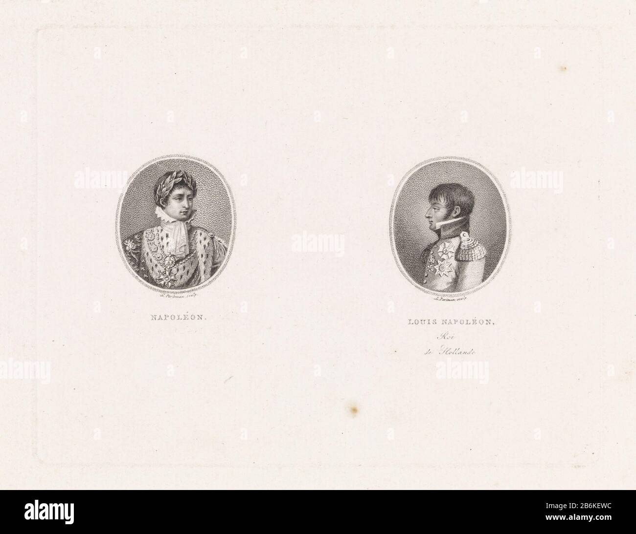 Doppelporträt von Napoleon Bonaparte I. und Louis Napoleon Bonaparte: Porträt von Napoleon I. Bonaparte, Kaiser von Französisch. Er wird geehrt und trägt seinen kaiserlichen Mantel. Rechts: Porträt von Louis Bonaparte, König von Holland und Bruder von keizer. Hersteller : Druckmaschine: Ludwig Gottliebe Portman (denkmalgeschütztes Eigentum) Ort Herstellung: Amsterdam Datum: 156-1521 Physische Merkmale: Stippelett und Ätzmaterial: Papiertechnik: Stippelette / Ätzmaße: Plattenkante: H 128 mm × W 167 mm Betreff: Ritterkreuz: Napoleon i Bonaparte Louis Bonaparte Stockfoto