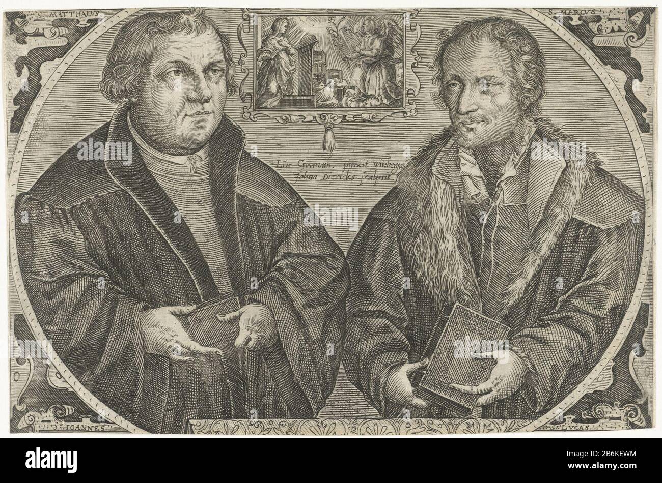 Doppelporträt von Martin Luther und Philipp Melanchthon mit Verkündigung Doppelporträt von Luther und Melanchthon, beide in Halbfig. stehend mit bibel auf gegenüberliegenden Seiten kleiner Kartusche mit Anniziatie. Hersteller: Druckmaschine: Jan Diricks van Campen (bei Objekt aufgeführt) nach einem Gemälde von: Cranach (auf Objekt angegeben) Herstellung: Niederlande Datum: 1550 - 1622 Physikalische Eigenschaften: Engra-Material: Papiertechnik: Engra (Druckverfahren) Abmessungen: Blatt: H 149 mm × W 227 mm Betreff: Theologianwie: Martin Luther Philipp Melanchthon Stockfoto