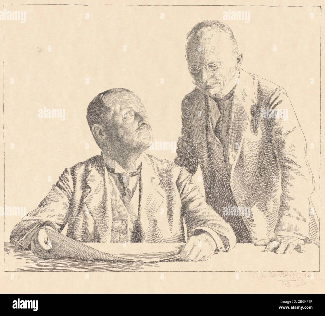 Dubbelportret van de verzamelaars Guido de Usedom Gustav von Houwald Der Sammler RP-P-2015-26-2054 Doppelporträt der Sammler Guido von Usedom und Gustav von Houwalddie Sammler Objektart : Bildnummer: RP-P-2015-26-2054 Aufschriften / Marken: Unterschrift, Datum und Aufschrift rechts unten, in Bleistift geschrieben: "Oh. Gr. Okt. 1913 Röm/XX Dr.' Sammlermarke, verso, gestempelt: Lugt 4780 Sammlermarke, verso, braun gestempelt: 'Sammlung / Guido V Usedom.' (Nicht in Lugt.) Herstellung Schöpfer: Druckmaschine Otto Greiner (persönlich unterzeichnet) Ort Herstellung: Rom dating 30 Stockfoto
