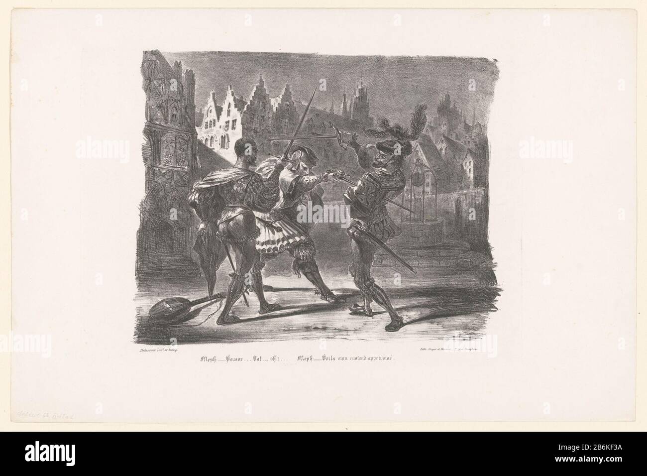 Duell zwischen Faust und ValentinMeph: Pousse. Val: Oh! (...) (Titelobjekt) Faust (Serientitel) Faust, tragédie The M. de Goethe-Institut (Serientitel) Objekttyp: Bild Seriennr.: 12 / 18Objektnummer: RP-P-1898-A-21462Katalogogusreferentie: IFF après 1800 55Delteil 68- 6 (6) Kennzeichnung / Marken: Sammlermarke, Verso,: 228a gestempelt: 228a Sammlermarke 'F', Brown Circle in the Center a F. Hersteller: Druckerhersteller Eugène Delacroix (denkmalgeschütztes Gebäude) Drucker: Charles Etienne Pierre Motte Verlag: Goyer & Hermet (denkmalgeschütztes Gebäude) Verlag: DanlosPlaats Herstellung: Paris Datum: 182 Stockfoto
