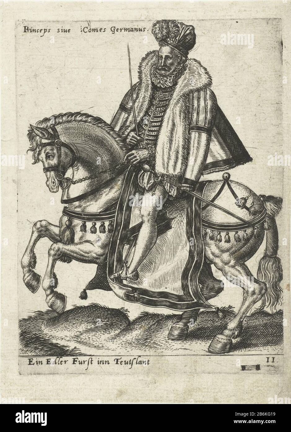 Deutscher Feldherr zu Pferd und Reiter links. Das Pferd reidert. Der deutsche Prinz trägt einen Rijstaf in der Hand. Das Bild hat eine Bildunterschrift Deutsch und eine lateinische Aufschrift. Beitrag ursprünglich von "Equitum Descripció ... 1577. Hersteller : Druckerhersteller Abraham de Bruyn (zugeordnet zu) Herausgeber: Caspar Rutz (möglich) Ort Herstellung: Köln Datum: 1577 Physikalische Merkmale: Fahrzeugmaterial: Papiertechnik: Engra (Druckverfahren) Abmessungen: Plattenkante: H 157 mm × W 119 mmToelichtingPrent ursprünglich veröffentlicht in 'Equitum Descripció, quomodo Equestres copie, nostra hac aetate, in sua armatura, pro cu Stockfoto