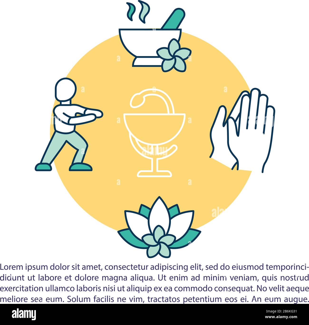 Symbol für alternatives Medizinkonzept mit Text. Ergänzende Praktiken. Yoga, Entspannung. PPT-Seitenvektorvorlage. Broschüre, Magazin, Broschürendesign Stock Vektor