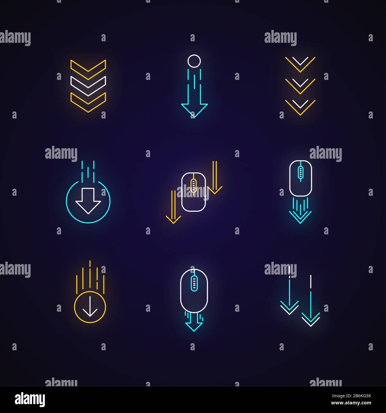 Bildlaufpfeile Neonlichtsymbole festgelegt. Computermaus und Pfeilspitzen in Kreisschaltflächen. Web-Cursor. PC-Elemente. Schilder mit strahlender Außenwirkung Stock Vektor