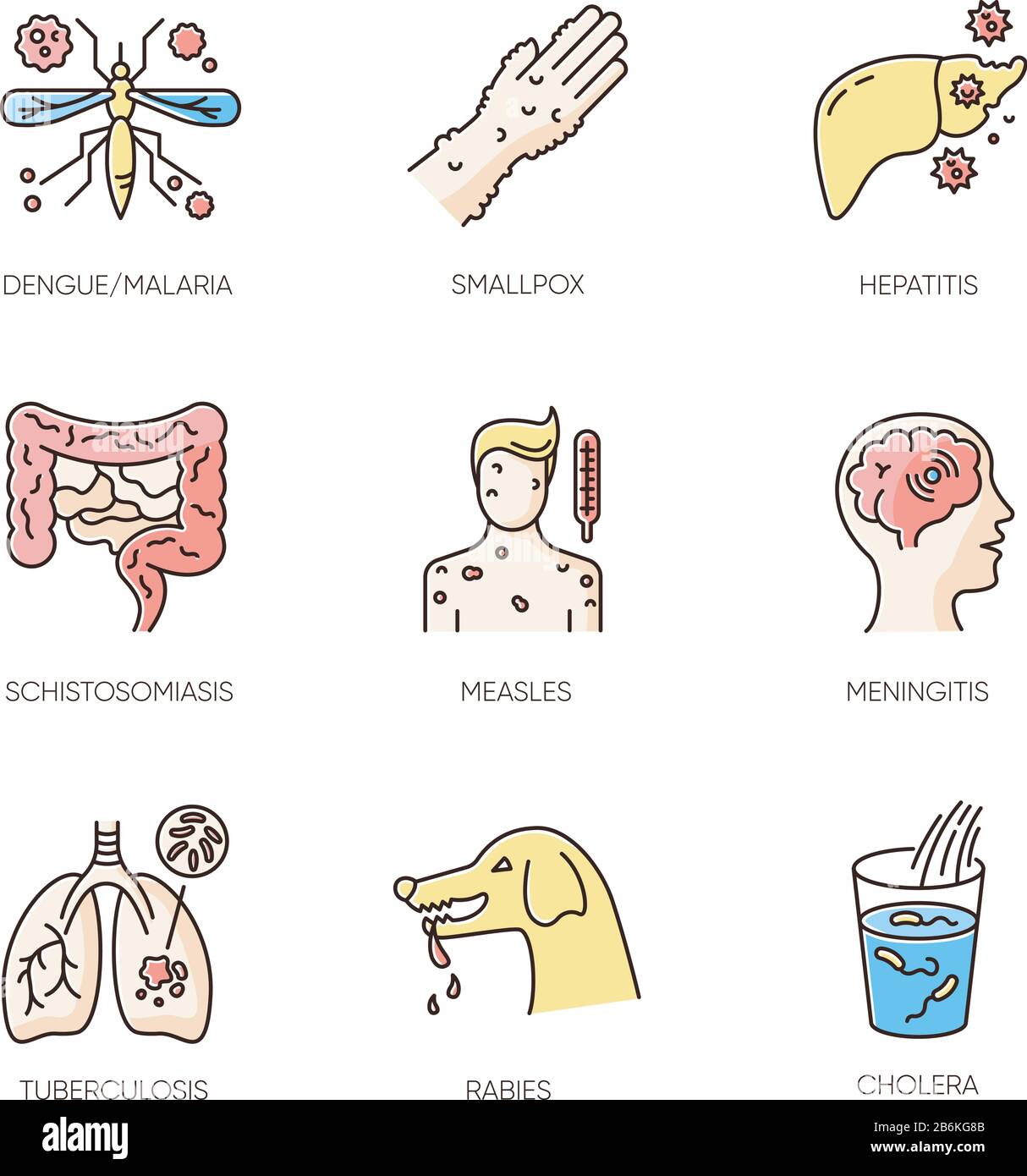 Virusinfektionen RGB-Farbsymbole festgelegt. Verschiedene Infektionskrankheiten, ansteckende Bakterienviren. Medizinische Diagnose, Virologie. Verschiedene Bakterien Stock Vektor