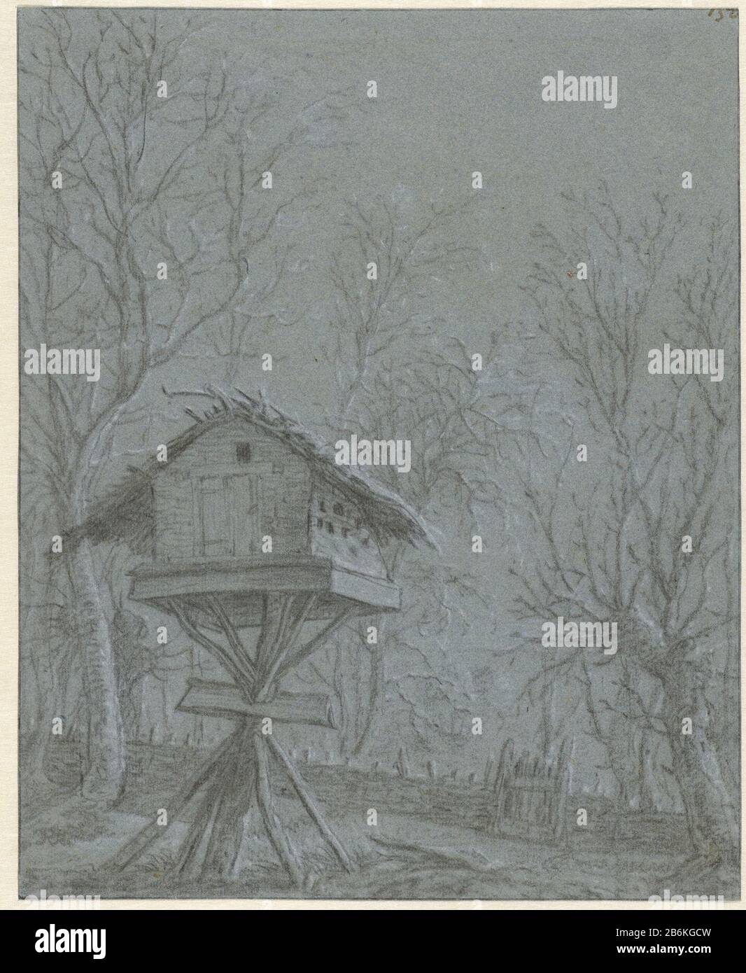 Duiventil zwischen Bäumen Duiventil zwischen Bäumen vom Objekttyp: Zeichnung Objektnummer: RP-T-1965-184 (R) Herstellung Vervaardiger: Zeichner: Cornelis Saftleven (möglich) Zeichner: Anthonie Waterloo (Namensnennung abgelehnt) Datum: 1617 - 1681 Physische Merkmale: Schwarze und weiße Kreide auf blauem Papiermaterial: Kreidepapier Abmessungen: H 277 mm × W: Subjekt: 224 mm Taub-cote Stockfoto