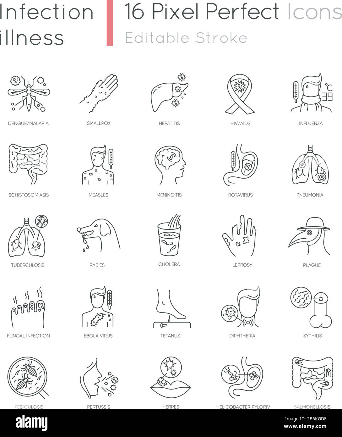 Infectional Diseases Pixel perfekte lineare Symbole gesetzt. Verschiedene Pandemie-Infektionen, ansteckende Krankheiten anpassbare dünne Linienkontursymbole Stock Vektor