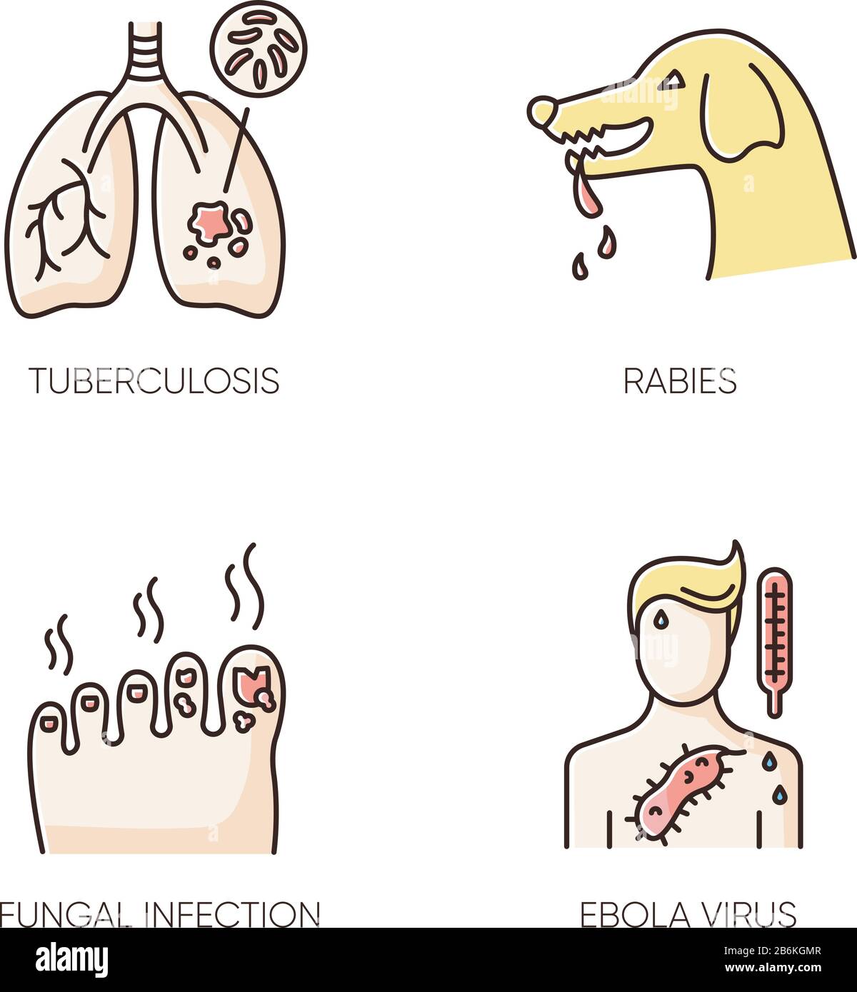 RGB-Farbsymbole für virale und infektiöse Erkrankungen festgelegt. Tuberkulose, Tollwut, Pilzinfektion und ebola-virus. Medizinische Diagnose, Virologie. Gefährlich Stock Vektor