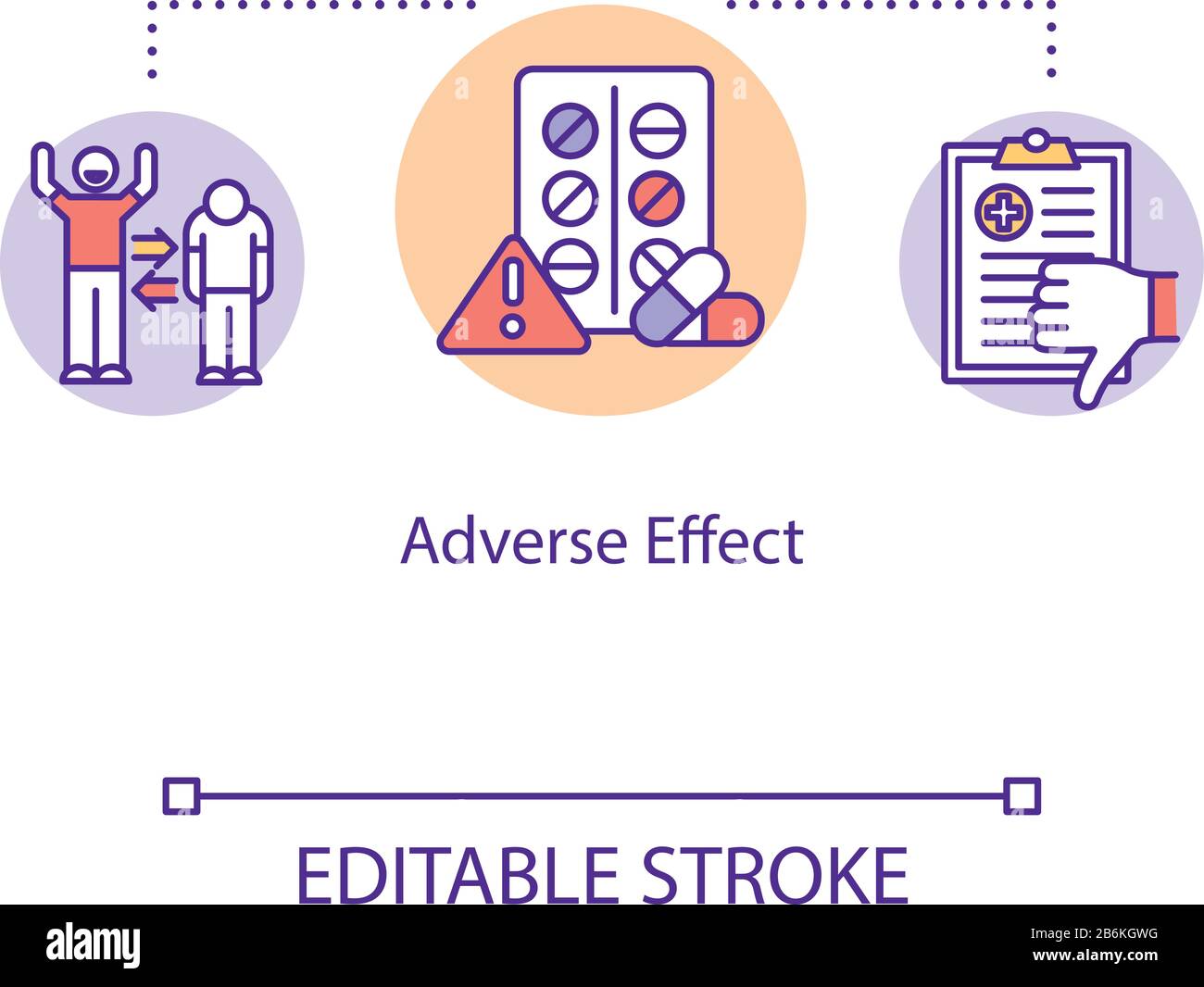 Symbol für das Konzept der unerwünschten Auswirkungen. Unerwünschte schädliche Folgen sind eine dünne Linienabbildung. Nebeneffekt. Medizinischer Fehler. Vektor-isolierte Umriss-RGB-Farbe Stock Vektor