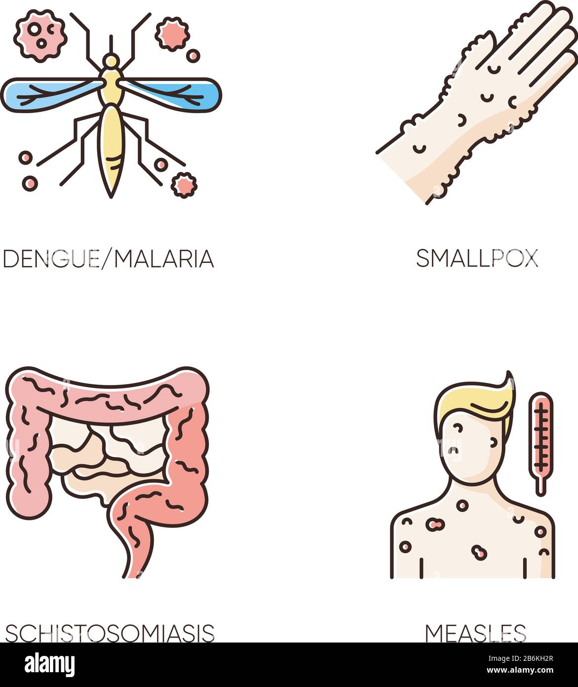 RGB-Farbsymbole für ansteckende Krankheiten festgelegt. Malaria, Pocken, Schistosomiasis und Maserninfektionen. Gesundheitswesen und Medizin. Verschiedene Infektionsgefahr Stock Vektor