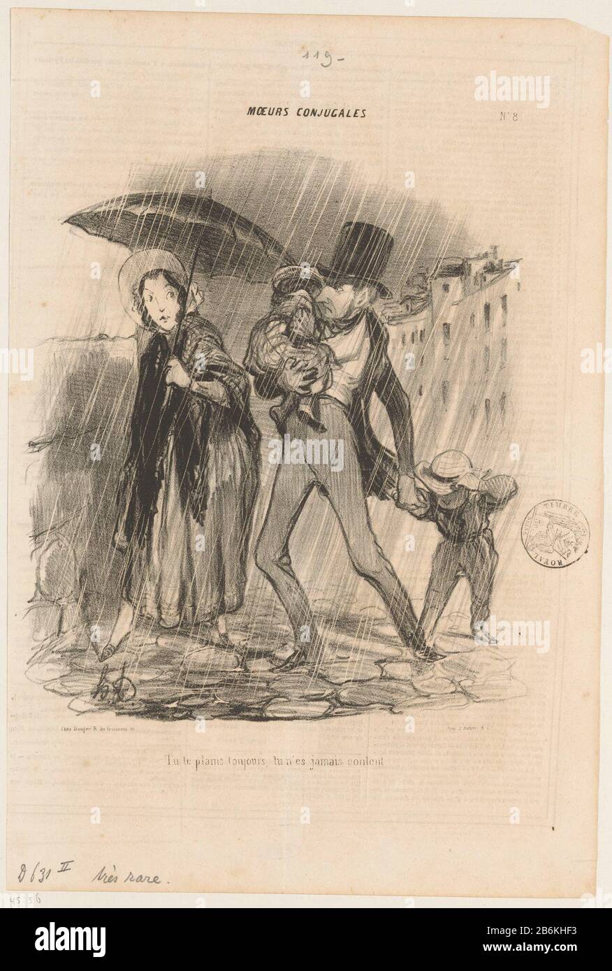 Paare mit Kindern im Regen (Titelobjekt) TU zu Ebenen toujours () Familiensituationen (Serientitel) Moeurs Conjugales (Serientitel Objekt) Paare mit Kindern im Regen (Titelobjekt) TU te Ebenen toujours (...) Familiensituationen (Serientitel) Moeurs Conjugales (Serientitel Objekt) Eigenschaftstyp: Cartoon Seriennummer: 8 / 60Objektnummer: RP-P -1945-56Katalogogusreferenz: Delteil (Daumier) 631-2 (3) Markierungen / Marken: Stempel, recto gestempelt "Timbre Royal seine, 3 c. ', Winged, gelobte klassische und sitzende figuur. Sammlermarke, verso, gestempelt: Lugt 2228A Hersteller: Printma Stockfoto