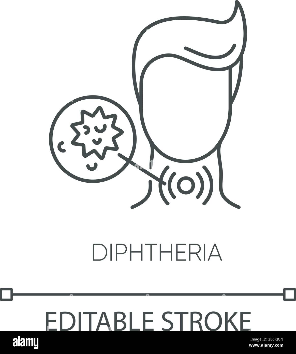 Diphtheria Pixel Perfect Linear Icon. Anpassbare Abbildung mit dünner Linie. Ansteckende Infektionskrankheit, gefährliches Kontursymbol für orale Infektionen Stock Vektor