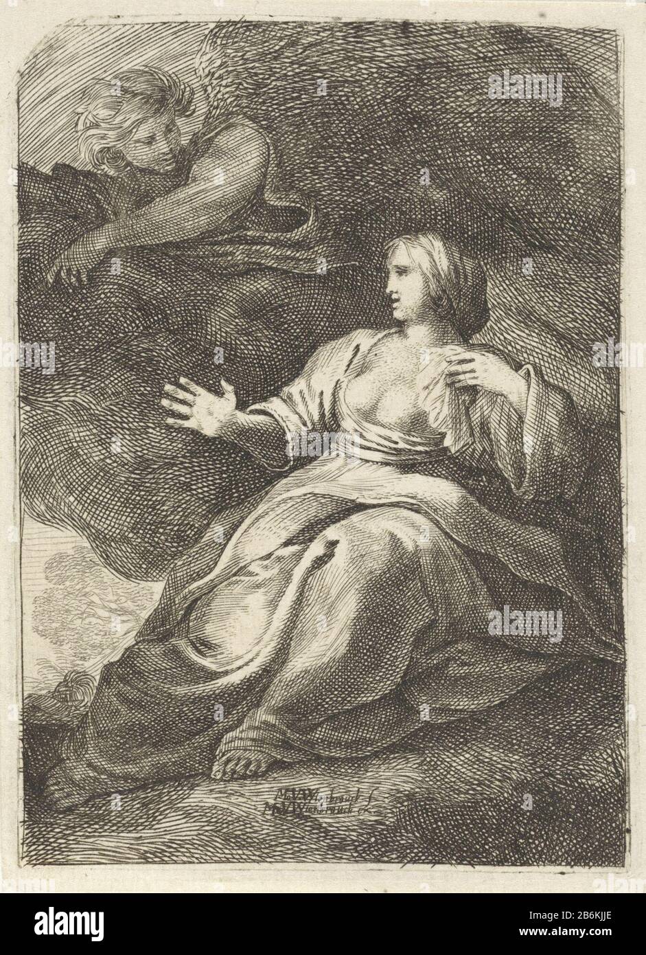 Ein Engel, der Hagar RP-P-1880-A-4188 Hagar tröstet, mit Taschentuch in der Hand, der einen Engel in einer Wolke über Haar betrachtet. Hersteller: Druckmaschine: Moses van Uyttenbroeck (denkmalgeschütztes Gebäude) Herausgeber: Matheus Moysesz. Von Wtenbrouck (auf Objekt angegeben) Herstellung: Druckmaschine: Den Haag Verleger: Antwerpen (möglich) dating: 1628 bis 1637 und / oder 1645 - 1660 Physikalische Eigenschaften: Ätzungs- und Engra-Material: Papiertechnik: Radierung / Trockenpunktmessungen: Kantenplatte: H 127 mm × b mm Betreff 92: Erscheint ein Engel und offenbart Hagar einen Brunnen mit Wasser Stockfoto