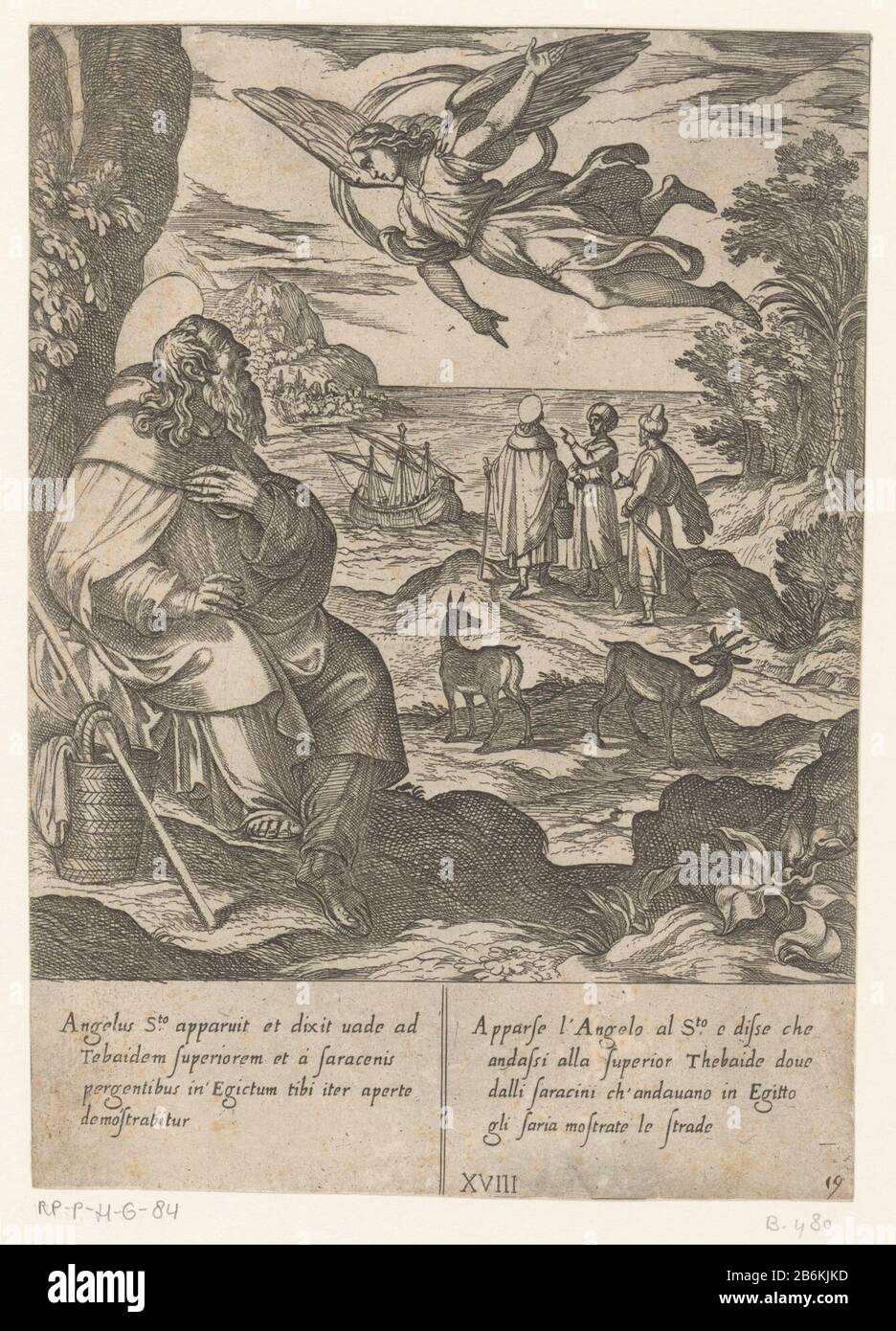 Ein Engel erscheint Anthony H Das Leben des Heiligen Anthony des Großen (Serientitel), EIN Engel erscheint dem heiligen Anthony. Im Hintergrund war mit zwei Männern an der Küste. Italienischer und lateinischer Text in zwei Spalten im ondermarge. Hersteller: Druckmaschine Antonio Tempesta zum Wandbild: Niccolò Circignaninaar Gemälde von Giovanni Battista Lombardelliuitgever: Giovanni Orlandiverlener von Privileg unbekannt gewidmet: Cinzio Passeri Aldobrandiniopgedrogen von Antonio Tempesta Place Herstellung: Druckmaschine Italien zum Malen von Rom zu Rom Verlag: Rom zu Ital: Beauftragt von Ital: Beauftragt von Ital Stockfoto