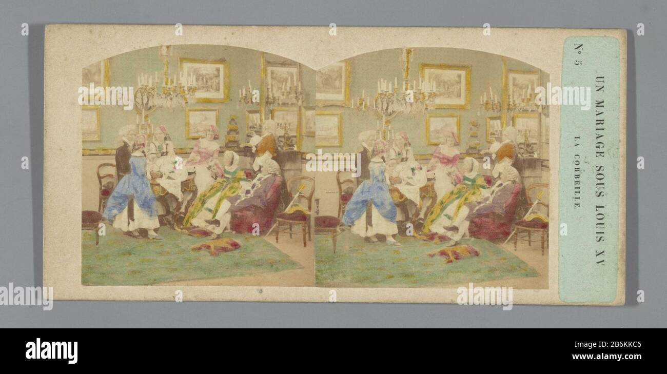 Eine Gruppe von Frauen und einem Mann um einen tafelLa Corbeille (Titelobjekt) Un Mariage sous Louis XV (Serientitelobjekt) Immobilientyp: Stereobilie Artikelnummer: RP-F F10564 Aufschriften / Marken: Nummer, Rekto, gedruckt "5'opschrift, verso, handschriftlich 'cl 100'winkeliersmerk, verso, Fotograf', Feldbrüge: Groningen & Co. Anonymer Termin: 1850-22 Material: Pappe Papiertechnik: Albumin Druck / Handfarbe Abmessungen: Sekundärträger: H 83 mm × W 174 mm Betreff: Royal Household; Höflinge, Retinue, Zug und Stockfoto