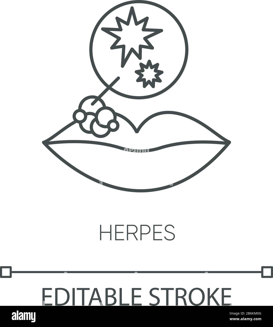 Herpes Pixel Perfect Linear Icon. Anpassbare Abbildung mit dünner Linie. Hautinfektion, ansteckender STD, Symbol für sexuell übertragbare Krankheitskonturen Stock Vektor