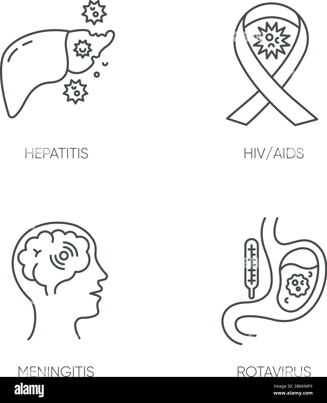 Gefährliche Krankheiten Pixel perfekte lineare Symbole gesetzt. HIV, AIDS, Meningitis, Rotavirus und Hepatitis anpassbare dünne Linienkontursymbole. Isoliert Stock Vektor