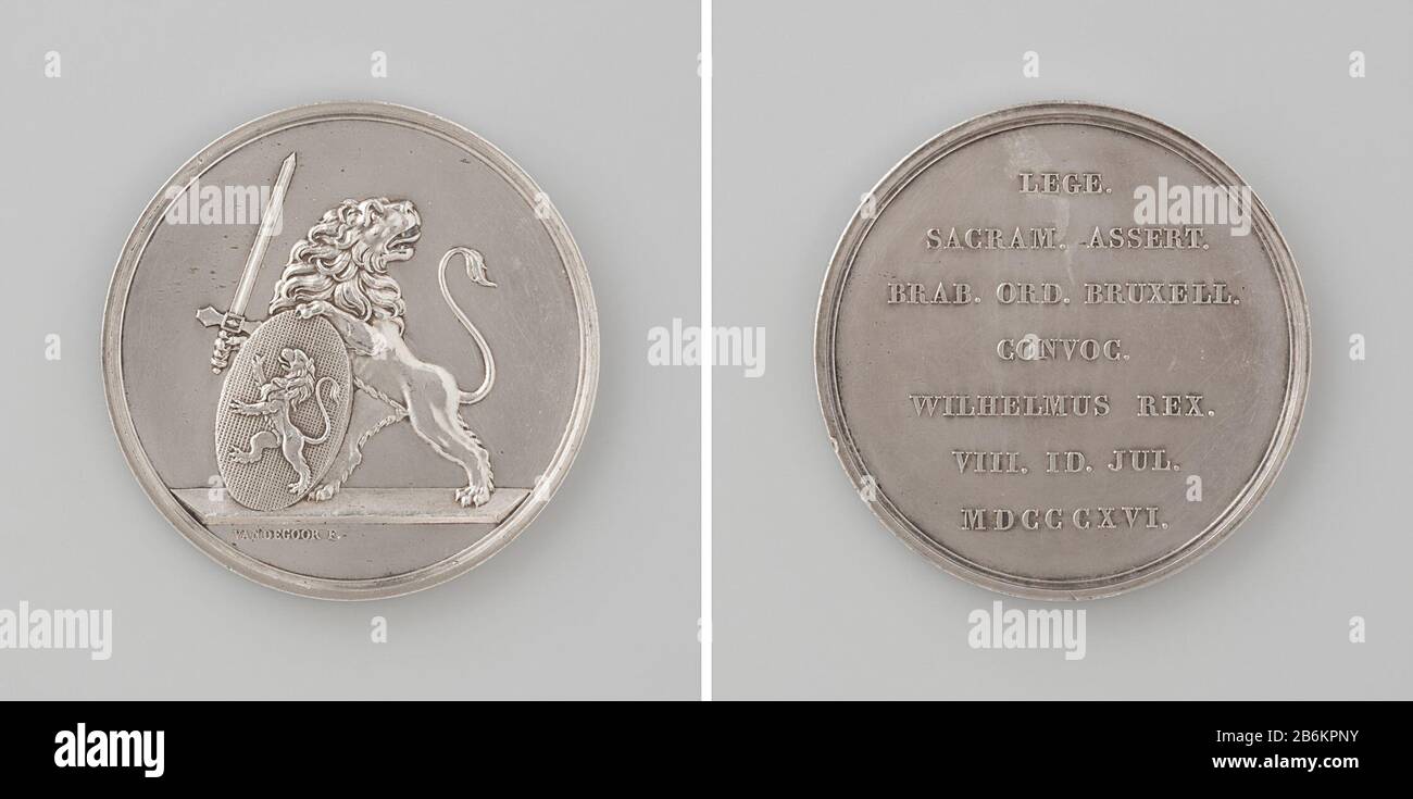 Erste Sitzung des Provinzrates von Südbrabant Zilveren Penning. Voorzijde: Staande leeuw traf getrokken z Stockfoto