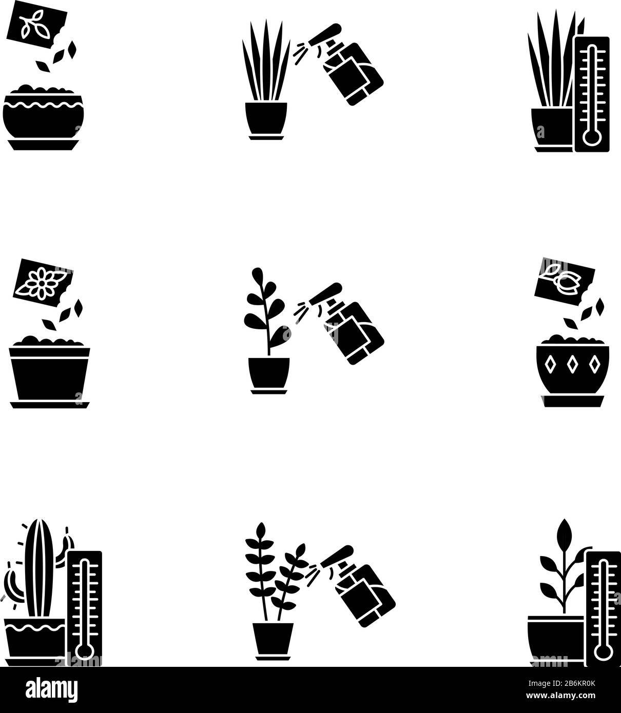 Die schwarzen Glypen-Symbole der Hauspflanzenpflege werden auf den weißen  Raum gesetzt. Pflanzenanbau. Spritzen, Beschlagen. Pflanzen von Samen.  Bereitstellung von Lufttemperaturbedingungen Stock-Vektorgrafik - Alamy
