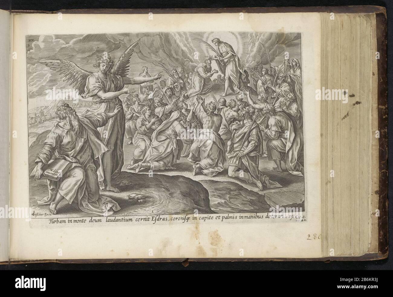 Die erste Vision von Ezra, dem Sohn Gottes, krönt die Menge von Esdras und Nehemias (Serientitel) Visionen von Ezra (Serientitel) Der Große Figuer-Bibel (Serientitel) Ezra steht direkt vor und von einem Engel, der auf eine Vision hinwies. Esra sieht den Sohn Gottes auf dem Berg Zion, der das Volk krönt und seine Palmen ausgibt. Unter der Aufführung ein Hinweis im Lateinischen auf die apokryphe Bibel in 4 Esra 2:42. Dieser Druck ist Teil eines Albums. Hersteller: Druckmaschine: Anonym zu entwerfen: Marten de vos (denkmalgeschütztes Gebäude) Verlag Claes Jansz. Visscher (II) (denkmalgeschütztes Gebäude) Herausgeber: Jan Philipsz Schabaelj Stockfoto