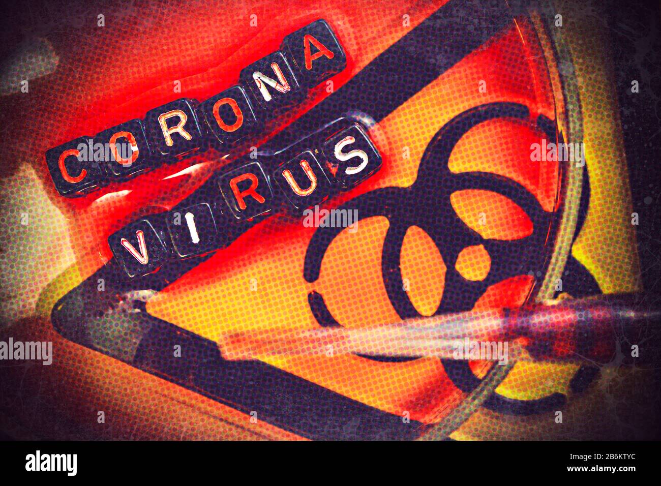 Schild mit biologischer Gefährdung und Petrischale, Ausbruch des Coronavirus Stockfoto