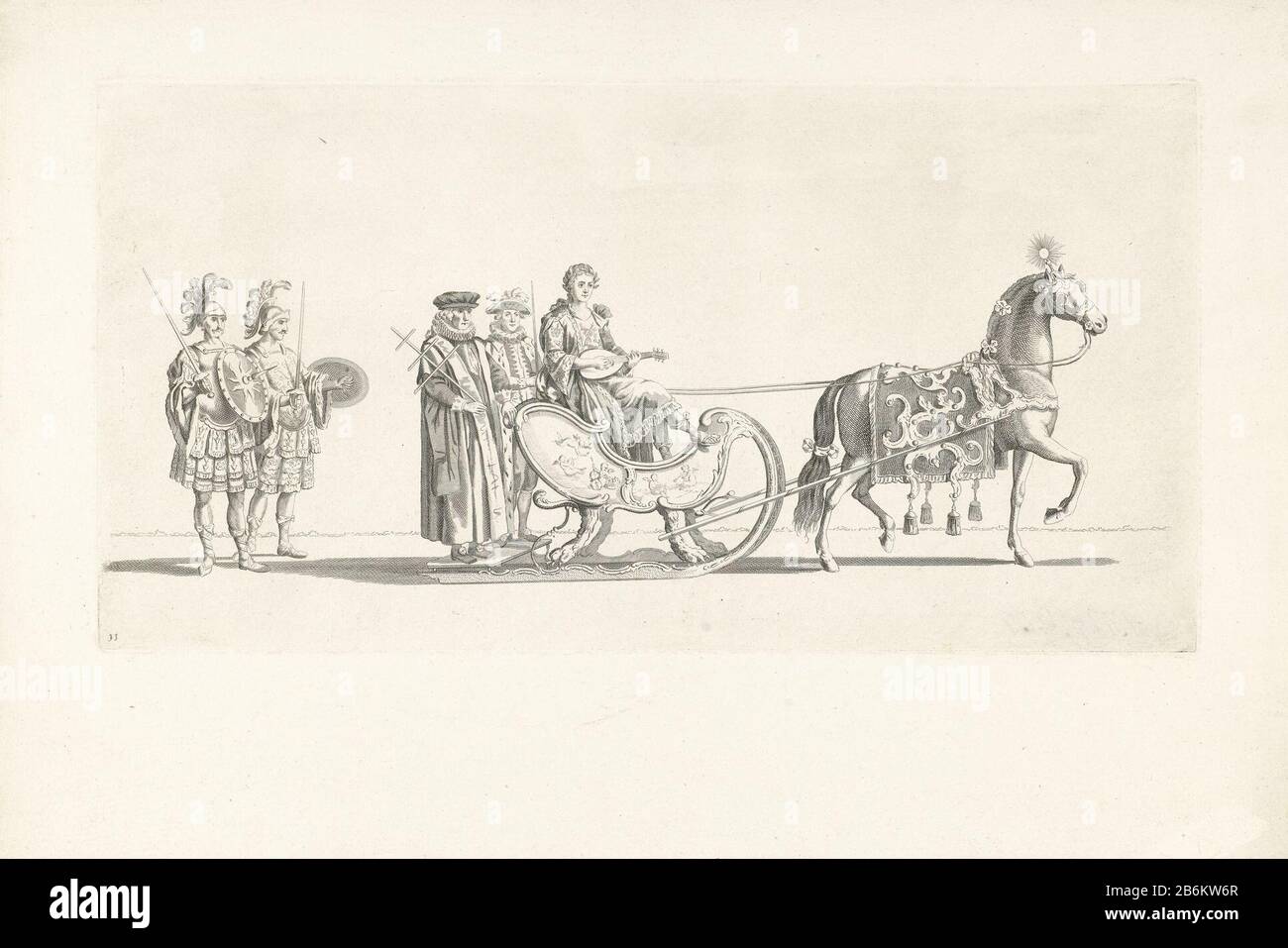 Elfter Schlitten Vaart von der Gesellschaft Leiden veniam Pro Laude 1776 (Serientitel) der elfte Wagen in der Parade. Eine Kutsche mit der Personifikation der Musik, von einem Pferd gezogen, gefolgt von zwei römischen Soldaten. Teil einer Serie von zwölf Platten der Rutennavigation vom 24. Januar 1776, die vom Leidener Verein veniam Pro Laude anlässlich der Zweiten Centenarfeier des Leidener Hilfswerks (3. Oktober 1574) und der Gründung der Universität Leiden (8. Februar 1575) veranstaltet wurde. Hersteller: Druckmaschine: Nicolaas van der Wurm im Zeichnen: Abraham DelfosPlaats Herstellen: Nein Stockfoto