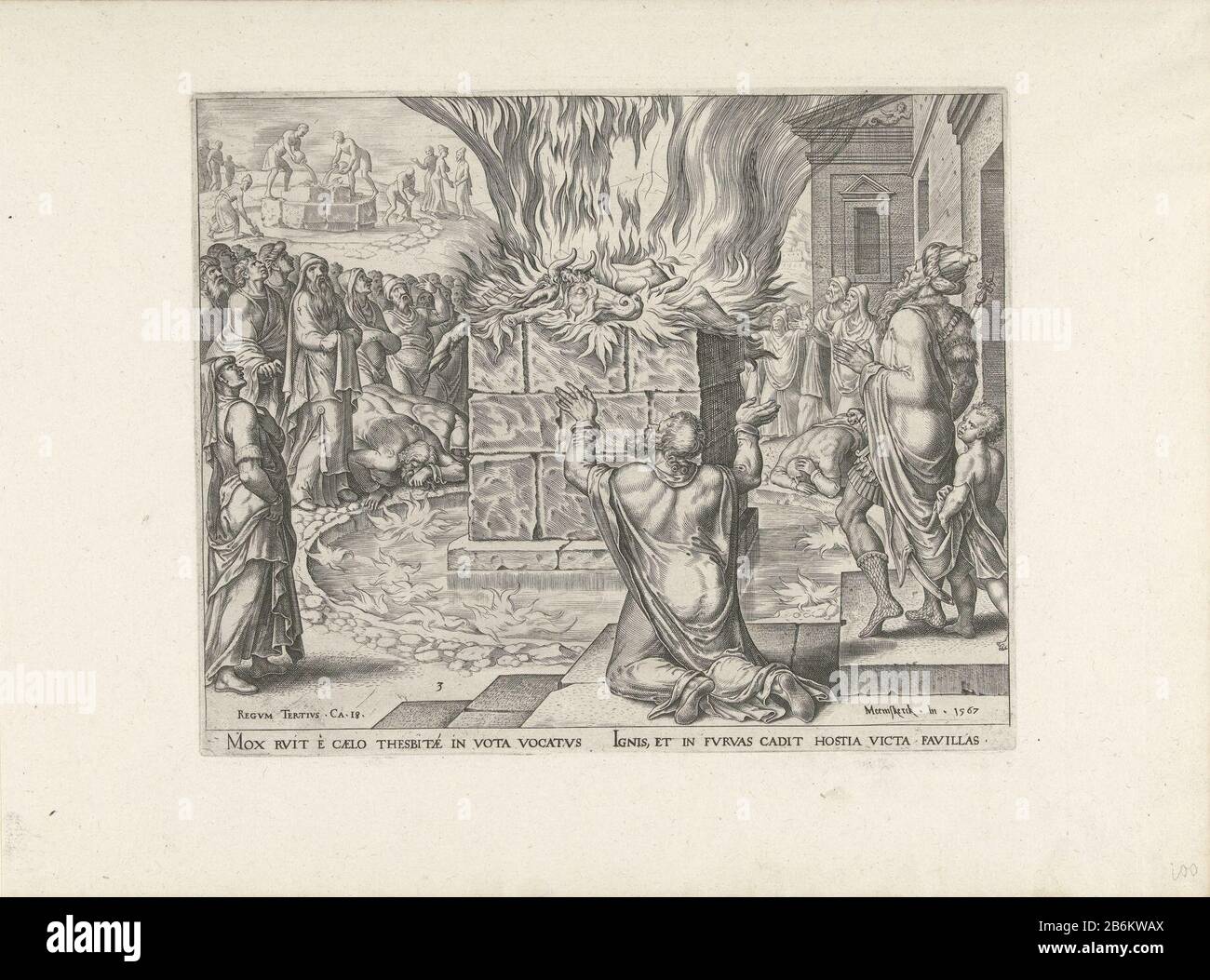 Elijah kniet vor dem Scheiterhaufen mit dem in Flammen stehenden Stier. Die Israeliten, die um das Feuer herum stehen und das Feuer beobachten. Im Hintergrund sieht man, wie der Altar aus Stein gebaut ist und um einen mit Wasser gefüllten Graben herum. Hersteller: Druckmaschine: Philips Gall zu entwerfen: Maarten van Heemskerck (Listed Property) Herstellung: Haarlem Datum: Am oder nach 1567 - ca. 1570 Physikalische Merkmale: Fahrzeugmaterial: Papiertechnik: ENGRAA (Druckverfahren) Abmessungen: Plattenkante: H 206 mm × W 253 mm Betreff: Als Elijah betet, verbrennt Gott wie viele Anhänger nicht nur sein Opfer bu Stockfoto