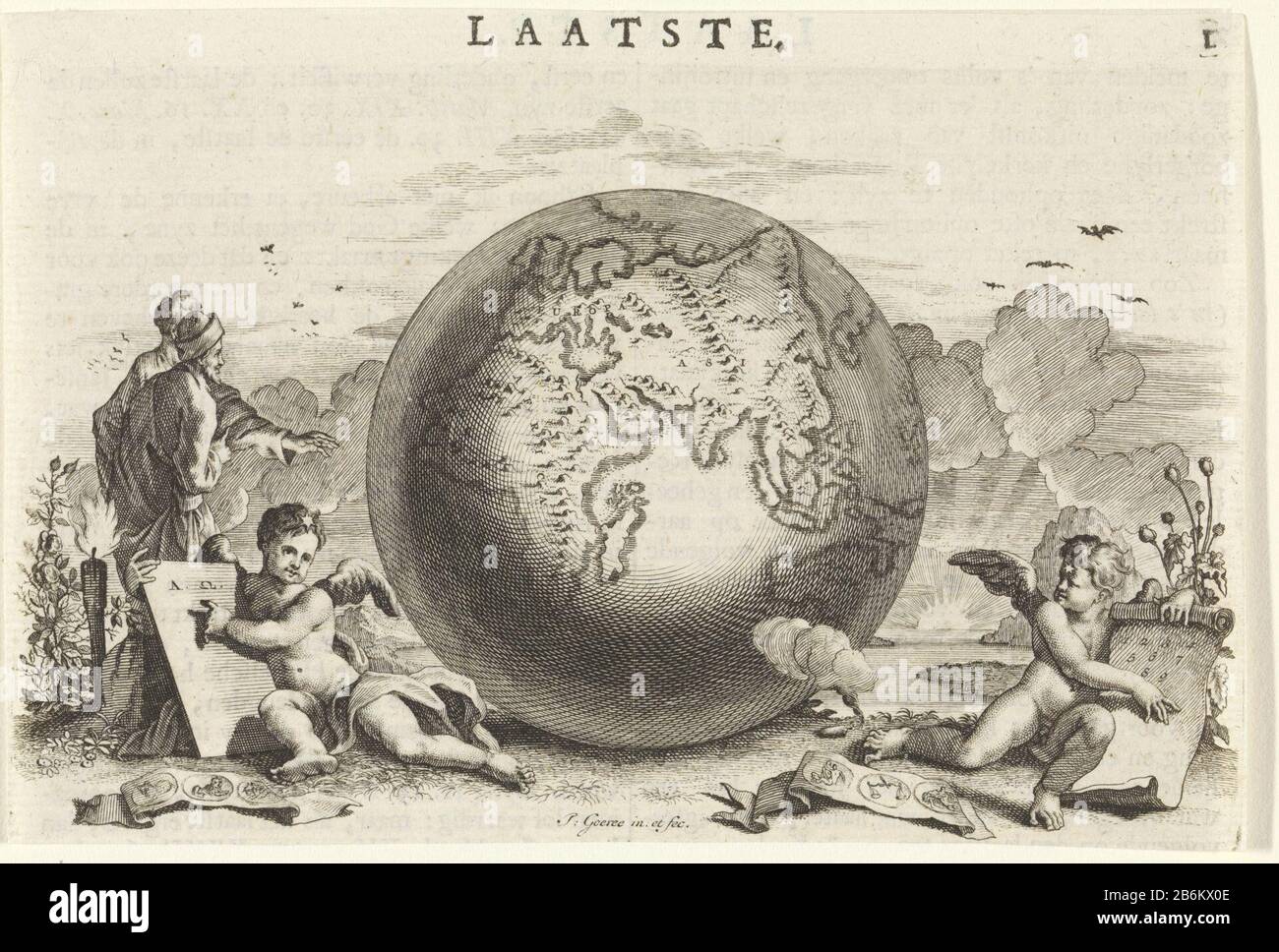 Embleem laatste dingen Putti aan weerszijde van een wereldbol Laatste (titel op object) In der Mitte ein Globus, ein Kreis ohne Ende Auf beiden Seiten der Erde ein Putto. Die linke zeigt auf ein Blatt, Auf Dem die griechischen Buchstaben Alpha und Omega stehen. Zu seinen Füßen ein Band mit den Sternzeichen Widder, Leo, Steinbock. Der Putto rechts zeigt auf ein Papier, in dem die Zahlen 1 bis 9. Zu seinen Füßen ein Band mit den Sternzeichen Gemini, Waage, Wassermann. Im Hintergrund der Horizont mit der Einstellung ZON. Hersteller: Der Druckerhersteller Jan Goeree (börsennotiertes Objekt) wurde von Jan Goeree (denkmalgeschütztes Gebäude) Herausgeber: Gerard On entworfen Stockfoto