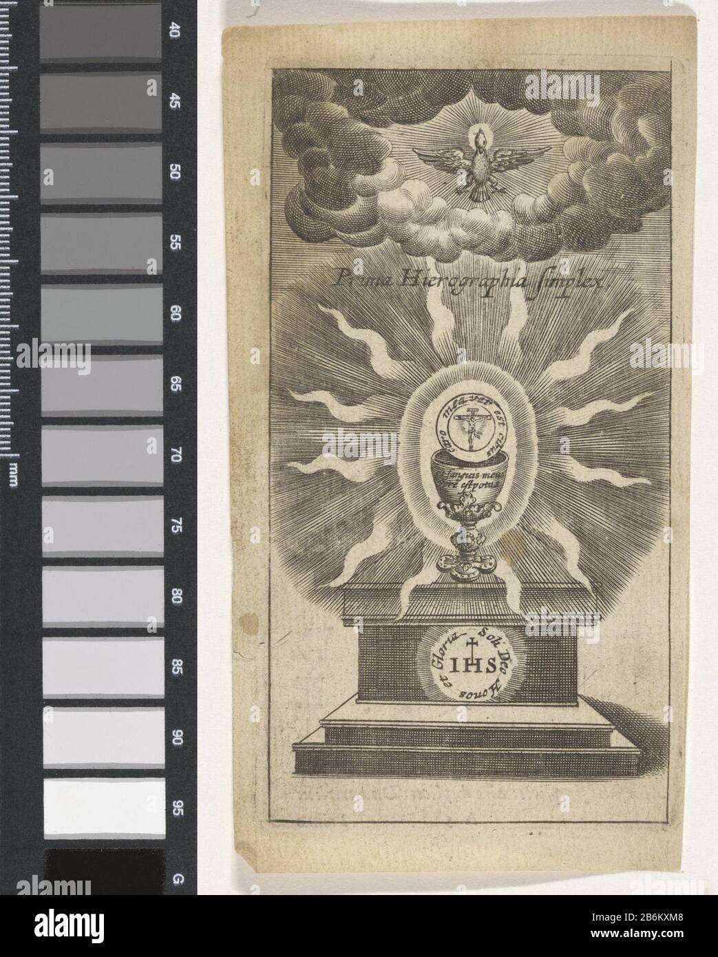 Embleem traf sich mit Miskelk en hostie Symbola Divina et Humana Pontificum Imperatorum Regum (serietitel) Embleem traf auf Fehlkelk en hostie. Daarboven de Heilige Geest in de vorm van een duif. Hersteller: Pretmaker: Anoniemnaar prent van: Aegidius Sadeler dating: 1666 Physikalische Kenmerken: Gravure; verso traf tekst in boekdrauk Material: Papier Techniek: Graveren (Drukproceé) / boekdrauk Abmessungen: Plaatrand: H 121 mm × b 65 mmToelichtingina Pagina, Pontifum und Syficatola. Arnhem, J.F. Hagen, 1666 von uit de titeluitgave van 1669 von 1679. Het werk van Typotius w Stockfoto
