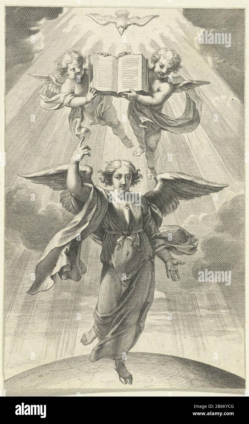 Engel en heilige geest Ein Engel schwebt über der Erde und zeigt auf ein Buch, das von zwei Cherubs gehalten wird. Über dem Buch badete der heilige Geist in Form einer Taube in Licht. Hersteller : Druckmaschine: Gerard Edelincknaar Zeichnung: Philippe die ChampaignePlaats Herstellung: Paris Datum: 1666 - 1707 Physische Merkmale: Engra-Material: Papiertechnik: Engraa (Druckverfahren) Abmessungen: Blatt: H 136 mm × W 86 mm Betreff: Christliche Religion (+ Engel (e))) Stockfoto