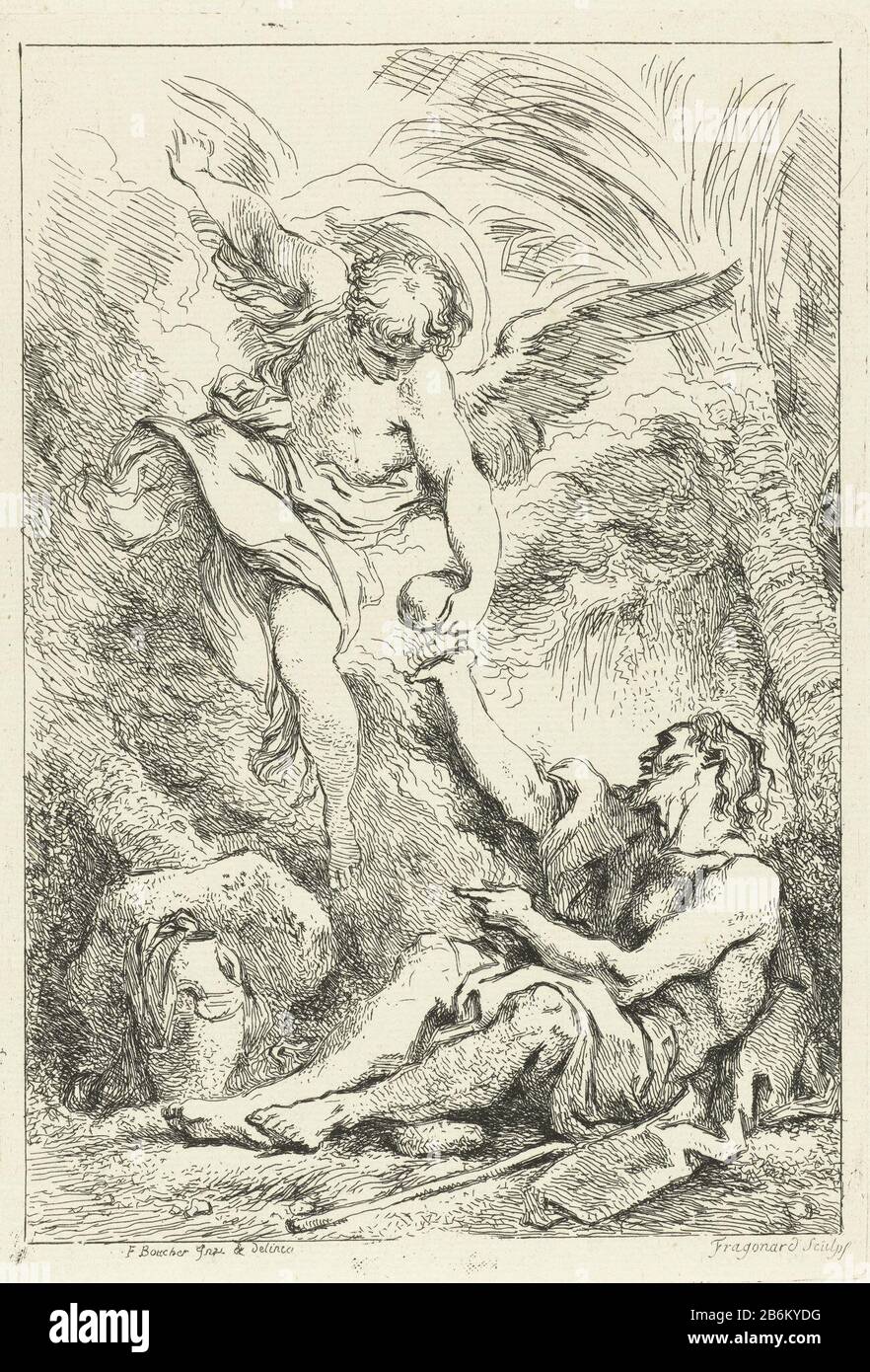 Engel bring en water Een heilige hermiet in de woestijn EIN Mann (möglicherweise Elia) sitzt auf dem Boden, das Brot wird von einem Engel geliefert. Zu seinen Füßen ist ein Wasserkruik. Hersteller : Druckerhersteller Jean Honoré Fragonard (unter Denkmalschutz) zur Zeichnung: François Boucher (unter Denkmalschutz stehendes Gebäude) Datum: 1752 - 176 Physikalische Merkmale: Ätzmaterial: Papiertechnik: Ätzmaße: Plattenkante: H 229 mm × b 158 mm Betreff: Ein Engel, der einen Brotlaib und einen Krug (oder Kelch) Elijah hält Stockfoto