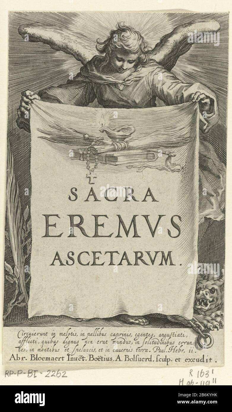 Engel houdt doek großer waarop titel Sacra eremvs ascetarvm Kluizenaars (serietitel) Sacra eremvs ascetarvm (serietitel op object) Angel hält Tuch, auf dem Titel und Präsentation von Objekten für Askese einschließlich einer Rosary, öllampenbibel und einer Geißel für zelfkastijding. Hersteller: Druckmaschine: Boëtius Adamsz. Bolswert (denkmalgeschütztes Gebäude), entworfen von Abraham Bloemaert (unter Denkmalschutz stehendes Gebäude) Herausgeber: Boëtius Adamsz. Bolswert (Listed Property) Herstellung: Druckmaschine: Amsterdam Herausgeber: Niederlande Datum: 1590-1612 und/oder 1619 Physische Merkmale: Fahrzeugmaterial: Papiertechnik: Engra (pr Stockfoto