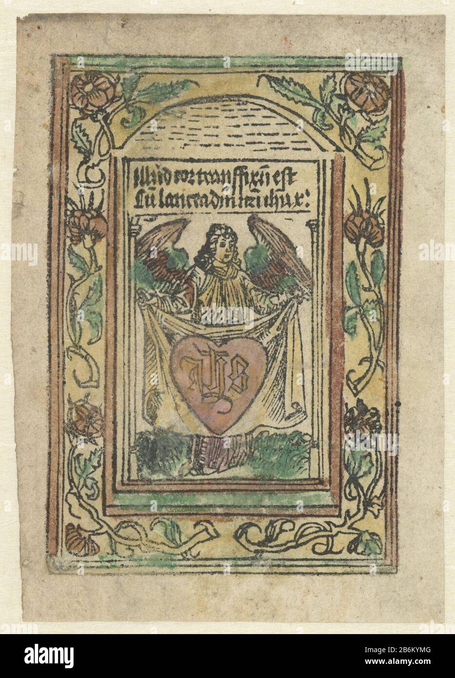 Engel traf Heilig hart-Engel mit Tuch, das das heilige Herz mit dem Monogramm S. IH über dem Engel trägt, ist eine Unterschrift. Hersteller : Druckmaschine: Anonymer Ort Herstellung: Niederlande Datum: 1490 - 1510 Physische Merkmale: Holzschnitt, handfarbig in Gelb, Grün, Rot und Braun Material: Papiertechnik: Holzschnitt / Handfarbe Abmessungen: Bild: H 106 mm × W 72 mm Betreff: Das heilige HerzgelenIHS (Iesus Hominum Salvator)  Symbol für Christus Stockfoto