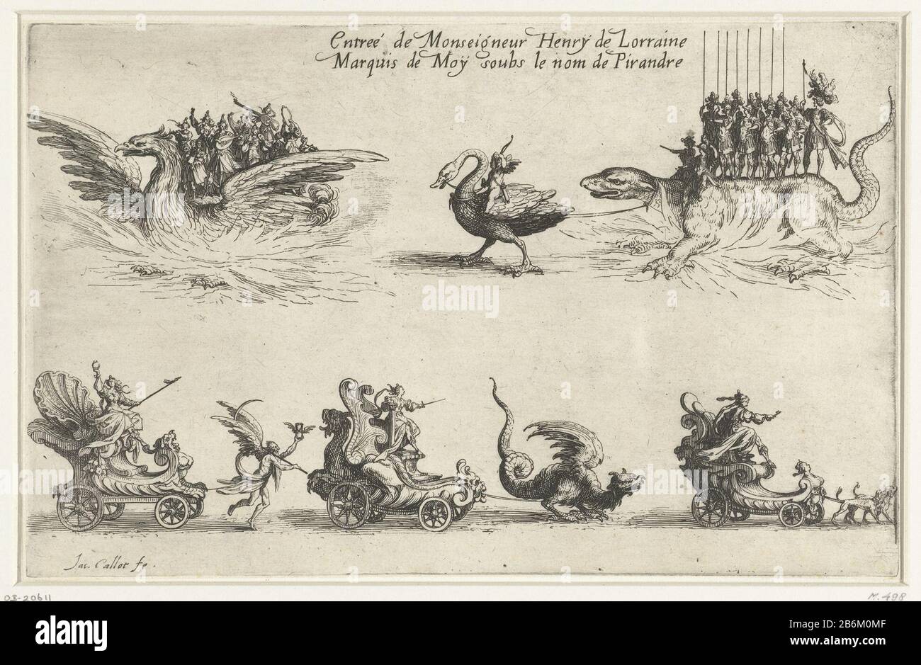 Rechter Heinrich von Lorraine, gekleidet als römischer Krieger, der auf einem von einem Schwan gezogenen Salamander steht. Auf der linken Seite eine Gruppe von Musikern auf der Rückseite eines Phönix. Unter drei Streitwagen, gezogen von einer der Ausdauer, einer der Fortifity, die von einem Drachen gezogen wurde, und einer mit Fidelity, die von zwei Hunden gezogen wurde. Über der Aufführung eine Aufschrift in französischer Sprache. Dieser Druck ist Teil einer Reihe von Illustrationen für ein Buch über die Festlichkeiten (einschließlich Turniere) im Herzoglichen Palast in Nancy am 14. Februar 1627. Hersteller: Druckhersteller Jacques Callot (denkmalgeschütztes Gebäude) in seinem Entwurf: Jacques Callotuitgeve Stockfoto