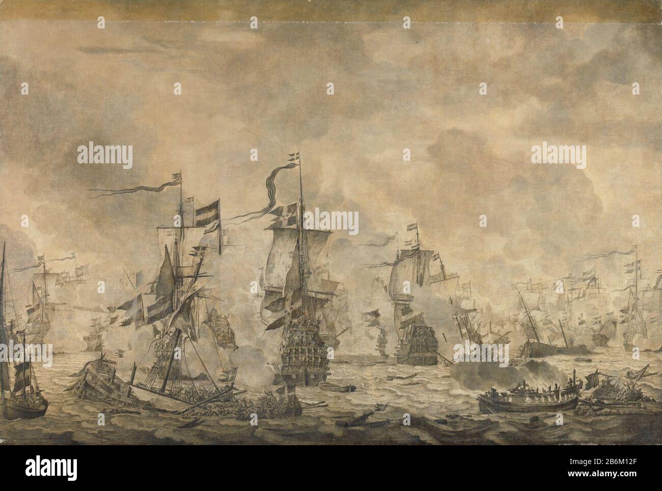 Episode uit de slag in de Sont tussen de Hollandse en de Zwedse vloot, 8. november 1658, Sk-A-1973 Episode aus der Schlacht im Ton zwischen der niederländischen und der schwedischen Flotte, 8. November 1658. Im Vordergrund ein schwedisches Kriegsschiff, ein Brenner und ein paar Boote mit Überlevenden. Hersteller : Maler Willem van de Velde (I) vom: 1665 Physikalische Eigenschaften: Öl auf Leinwand Material: Stofföl Abmessungen: Träger: H 106 cm. B × 155 cm. Betrifft: Schlacht (+ Segelschiffe) Schlacht am Sound Nordischer Krieg als: 1658-11-08 - 1658-11-08 Stockfoto