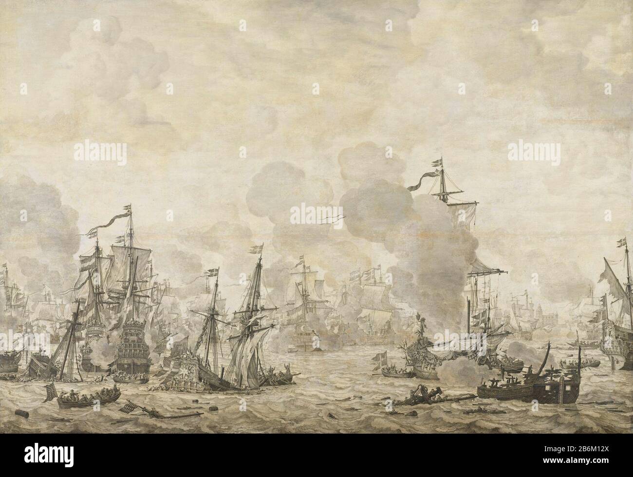 Episode uit de slag in het Sont tussen de Hollandse en zweedse vloot, 8. november 1658, SK-A-1388 :. Episode aus der Schlacht im Ton zwischen der niederländischen und der schwedischen Flotte, 8. November 1658. Im linken Vordergrund ein schwedisches Schiff versenken, rechts brennen und schwedisches Oorlogsschip brennen. Hersteller : Maler Willem van de Velde (I) Datum: 1658 - 1693 Physische Eigenschaften: Tinte auf Plattenmaterial: Abmessungen der Tintenplatte: H, 97,5 cm. B × 141 cm. Betrifft: Schlacht (+ Segelschiffe) Schlacht am Sound Nordischer Krieg als: 1658-11-08 - 1658-11-08 Stockfoto