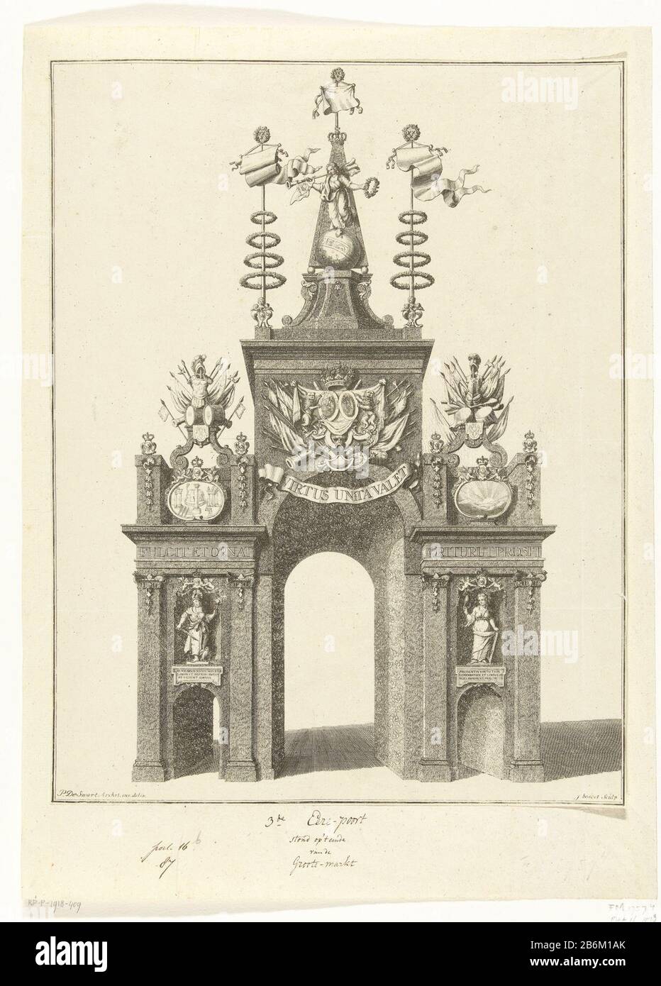 Erepoort aan de Grote Markt bij de intrede van Willem IV en zijn gemalin te Breda op 13. september 1737 Triumphbogen am Markt beim Eintritt von William IV. Und seiner Frau Breda am 13. September 1737 Objekttyp: Bildnummer: RP-P-1918-409katalogusreferentie: FMH 3757-4 Aufschriften/Marken: Sammlermarke, Verso unten links, gestempelt: Lugt 2228 Hersteller: Druckmaschine: Iven Besoet (auf Objekt angegeben) zur Zeichnung von: Pieter de Swart (auf Objekt angegeben) Ort Herstellung: Den Haag Datum: 1737 Physische Merkmale: Ätzung und Engra-Material: Papiertechnik: Ätzung/Engra-Material Stockfoto