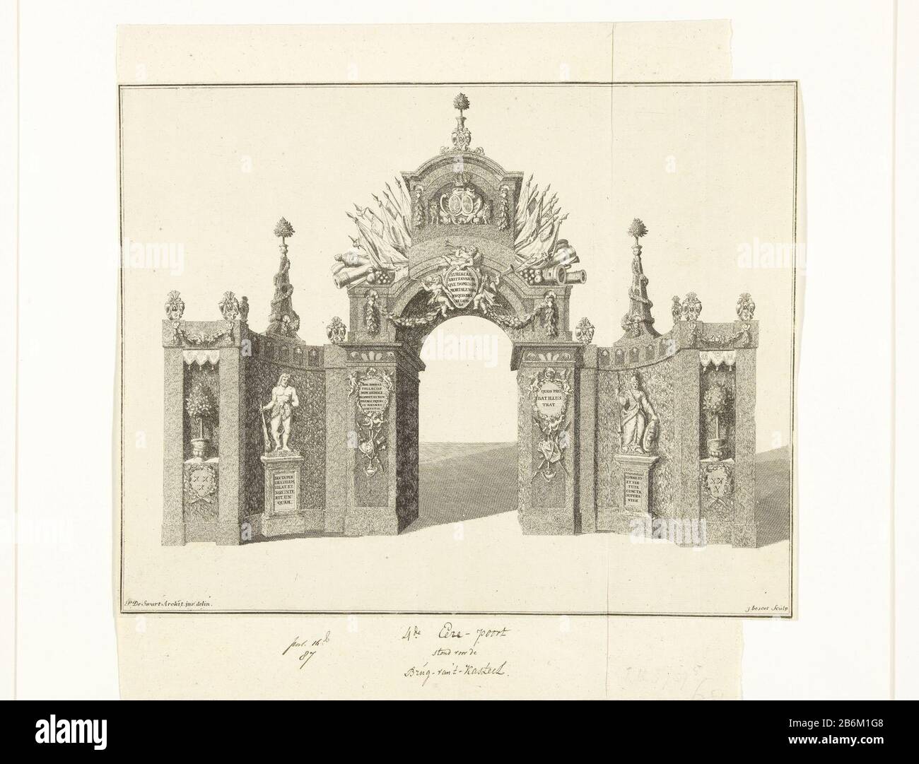 Erepoort op plein bij het kasteel bij de intrede van Willem IV en zijn gemalin te Breda op 13. september 1737 Triumphbogen am Platz beim Schloss beim Eintritt von William IV. Und seiner Frau Breda am 13. September 1737 Objekttyp: Bildnummer: RP-P-1918-408Catalogusreferentie: FMH 3757-5 Aufschriften/Marken: Aufschrift, Umschrift, handschriftlich, Sammlermarke "Port 16 / 87", links unten, gestempelt: Lugt 2228 Hersteller: Druckmaschine: Iven Besoet (auf dem Objekt angegeben) zur Zeichnung von: Pieter de Swart Place Manufacturing: The Hague Date: 1737 Physische Merkmale: Ätzung und eng Stockfoto