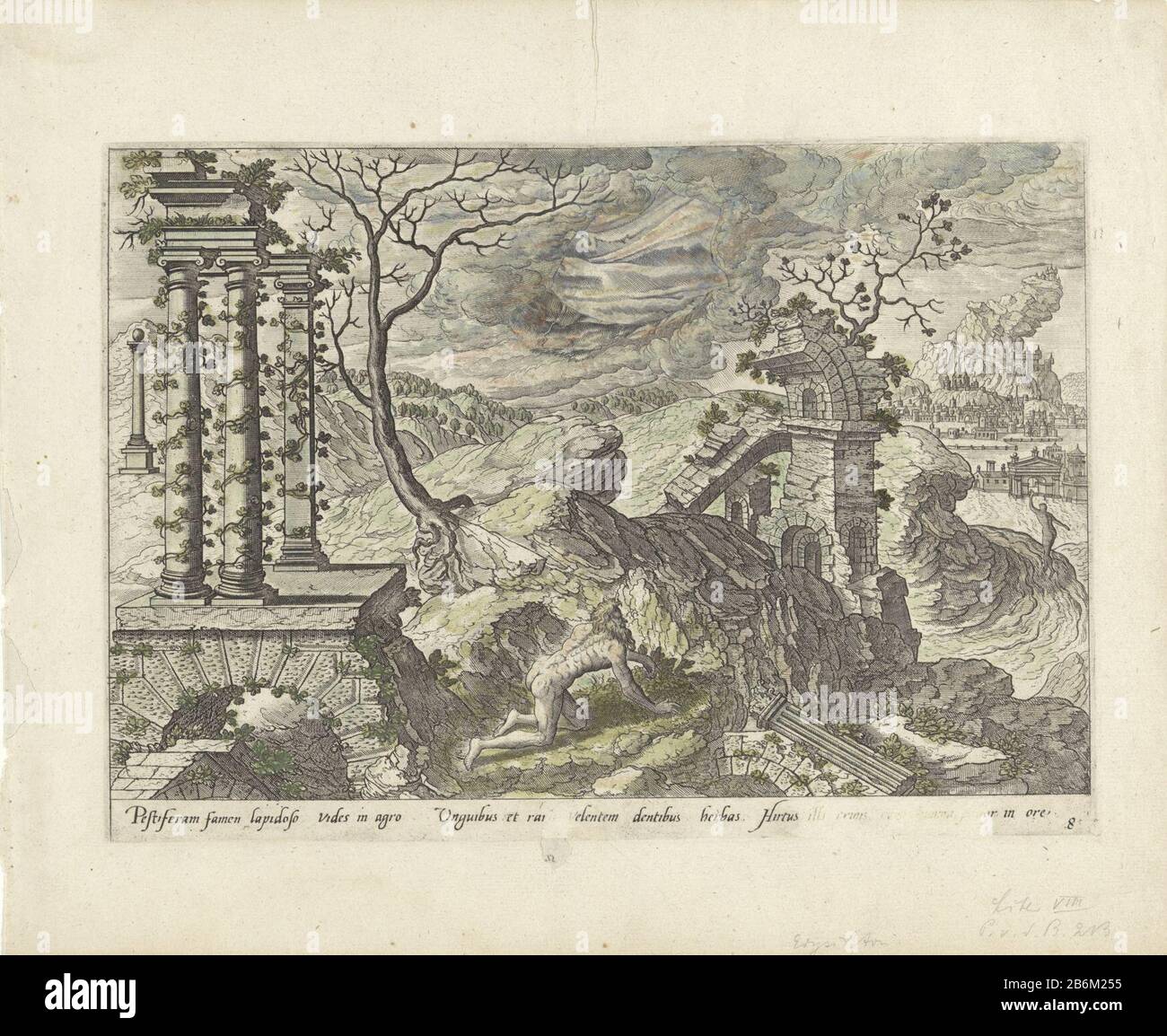 Erysichthon Metamorfosen van Ovidius (Serietitel) Berglandschaft mit Ruinen und einem schleichenden emakitierten Erysichthon. Nachdem Erysichthon den Baum von Ceres zerschnitten hat, lenkt Ceres die Rache einer Nymphe mit ihrem Drachenkariot nach Scythia, um Ihn zu bestrafen. Unter dem Aufführungstext aus Ovids Metamorphosen, Buch 8, Verse 799-801. Hersteller : Druckhersteller John Lucas oder Doetechumnaar Design: Gerard van Groeningen Herausgeber: Claes Jansz. Visscher (II) Ort Herstellung: Amsterdam Datum: CA. 1572 und / oder 1601 - 1652 Physikalische Merkmale: Ätzmaterial: Papiertechnik: Ätzdimpensio Stockfoto