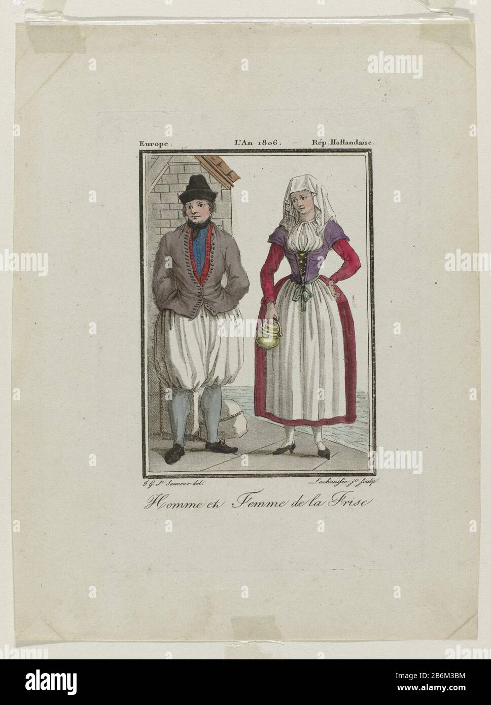 Männlich und weiblich in Tracht aus Friesland. Hersteller: Druckmaschine: Lachaussée (auf Objekt angegeben) zur Zeichnung von: Jacques Grasset de Saint Sauveur (auf Objekt abgebildet) Datum: 1806 Physikalische Eigenschaften: Ätzung und Aquafarbton, handfarbiges Material: Papiertechnik: Ätzung / Aquafarbton / Handfarbenmessungen: Plattenkante: H 162 mm × W 114 mm Betreff: Volkstracht, regionale Kostümkleidung, Kostüm (+ Männerkleidung) Kleidung, Kostüm (+ Frauenkleider), Wenn: 1800 - 2400 Stockfoto