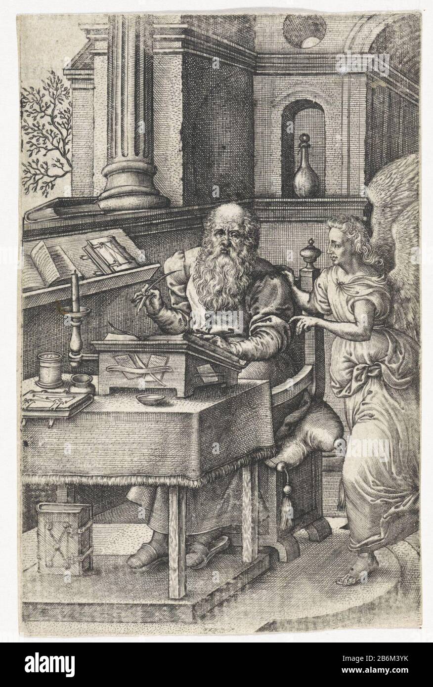 Der Evangelist Matthäus in seinem Studium. Sein Attribut legt dem Engel seine Hand auf die Schulter Matteüs. Hersteller : Druckerhersteller John Who: Rix (denkmalgeschütztes Gebäude), entworfen von Pieter van der Borcht (I) (denkmalgeschütztes Gebäude) Ort Herstellung: Antwerpen Datum: 1573 Physische Merkmale: ENGRAA; Verso-Druckmaterial: Papiertechnik: ENGRAA (Druckverfahren) / Letterpress-Abmessungen: Blatt: 115 mm × H b 75 mmToelichtingPrent verwendet in: Officium B. Mariae is. Antwerpen: Christopher Plantin, 1573. Betrifft: Der heilige Matthäus, der die Gospel Benthisch schreibt, normalerweise der Engel anwesend ist, ihn diktiert oder unterstützt Stockfoto