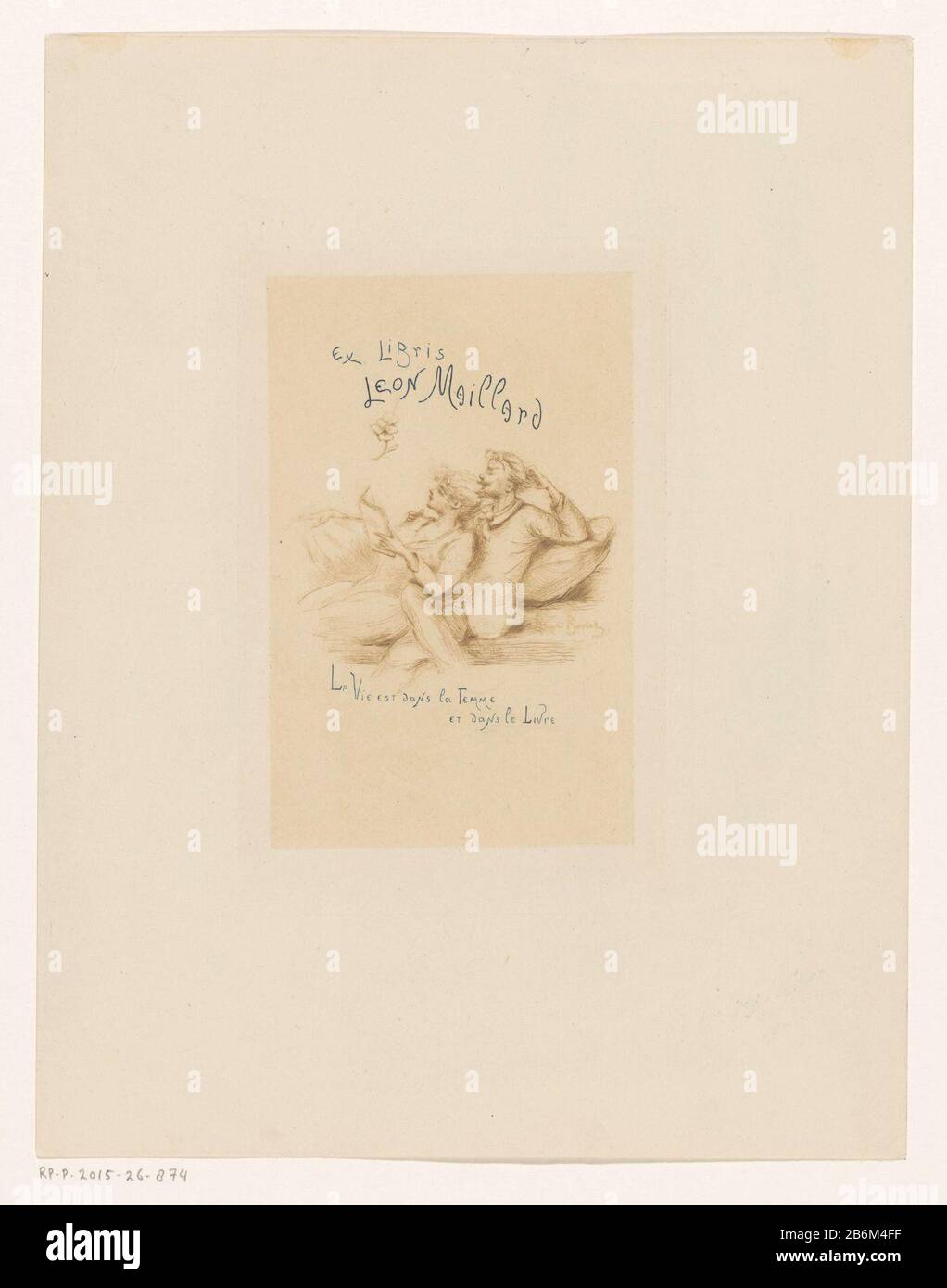 Ex libris van Leon Maillard Ex libris Leon Maillard (titel op object) Ex libris Leon MaillardEx libris Leon Maillard (title object) Property Type: Print Bookplate Item Number: RP-P-2015-26-874 Inscriptions / Brands: Collector's mark, verso, gestempelt: Lugt 2228 Collector's mark, verso, gestempelt: Lugt: Eine lesende Frau lehnt sich an einen sitzenden Mann in der Luft, einen bloem. Hersteller: Druckhersteller Henri Boutet (denkmalgeschütztes Gebäude) Vom: 1861 - 1894 Physikalische Merkmale: DRYPOINT mit Plattenton braun und blauem Material: Papiertechnik: Trockenpunkt / Tonplattengröße: Plattenkante: H × 149 mm b 99 mm S Stockfoto