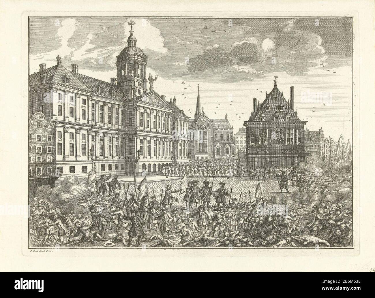 Executies en Oproer op de Dam, 1748 Blick auf den Dam im Rathaus die neue Kirche, die Waag und den Damrak, die Erschießung durch die Miliz in den Reihen der sich an der Dam aufragenden Menge, 28. Juni, 1748. Die Waag hängen die Körper des hingerichteten Mannes und einer Frau (Piet van Dort und die Zitronen- und Trockenschollenverkäuferin Mat den Nieuwendijk) für ihre Rolle bei den Krawallen Pachter. Ohne onderschrift. Hersteller: Druckmaschine: Jan Smit (II) (denkmalgeschütztes Gebäude) in seiner Gestaltung: Jan Smit (II) (denkmalgeschütztes Gebäude) Herstellung: Nordniederland Datum: 1748 Physikalische Merkmale: Ätzmaterial: Papier Techniq Stockfoto