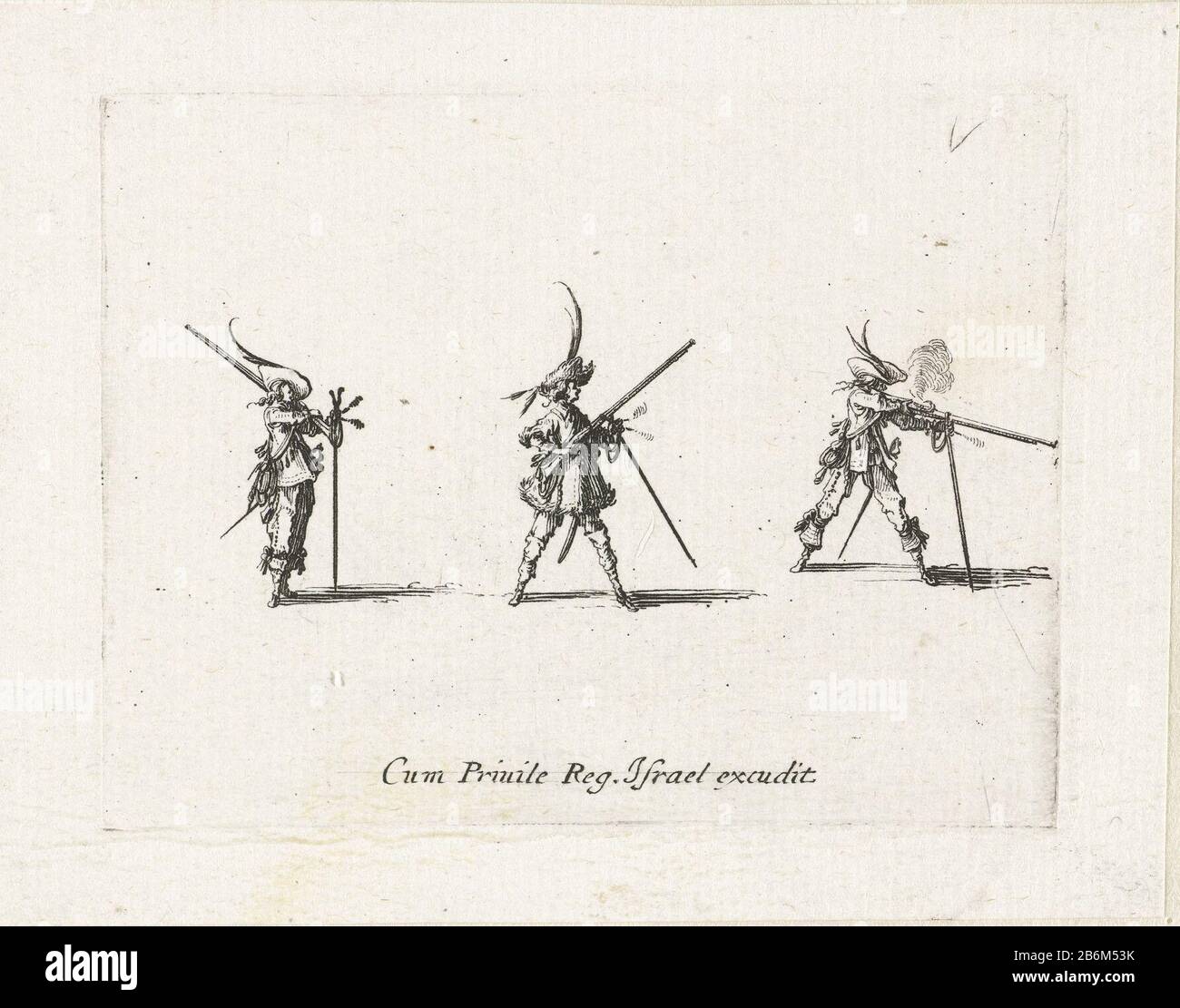 Exercities traf einen Musket afvuren van een Musket Militaire exercitities (serietitel) hinterließ einen Soldaten, der seine Muskete auf die Schulter nimmt. In der Mitte ein Soldat, der seine Muskete auf eine Felle legt (Muskettgabel). Rechts feuert ein Soldat seine Muskete an. Dieser Druck ist Teil einer Serie von 12 (13 inkl. Frontispiz) Drucke mit Szenen von militärischen (Waffen-)Übungen. Auf den meisten dieser Drucke befinden sich drei Soldaten in verschiedenen Posen mit einer bestimmten Waffe oder einem bestimmten Instrument. Hersteller: Druckerhersteller Jacques Callotnaar eigenes Design: Jacques Callotuitgever Israel Henriet (börsennotiertes Eigentum) Privilegien-Provider: Louis XIII ( Stockfoto