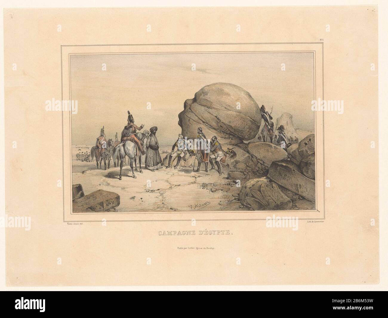 In der ägyptischen Wüste sprechende Offiziere der französischen Armee mit einer Gruppe von Mamluken, während gegen einen großen Felsen in Form eines menschlichen Kopfes Leunen. Hersteller: Druckmaschine: Victor Adam (denkmalgeschütztes Gebäude) Drucker: Joseph-Rose Lemercier (denkmalgeschütztes Gebäude) Herausgeber: Louis François Cattier (auf dem Objekt angegeben) Herstellung: Paris Datum: 186 Material: Papiertechnik: Lithographie (Technik) / Handfarbenmessungen: Blatt: 263 mm × h 353 b mmToelichtingDeze litho ist Teil einer Serie von zwei. Das andere Papier trägt den Titel "Retreat the Russie". Betrifft: Verhandlungen zwischen der combatantsdesertExp Stockfoto